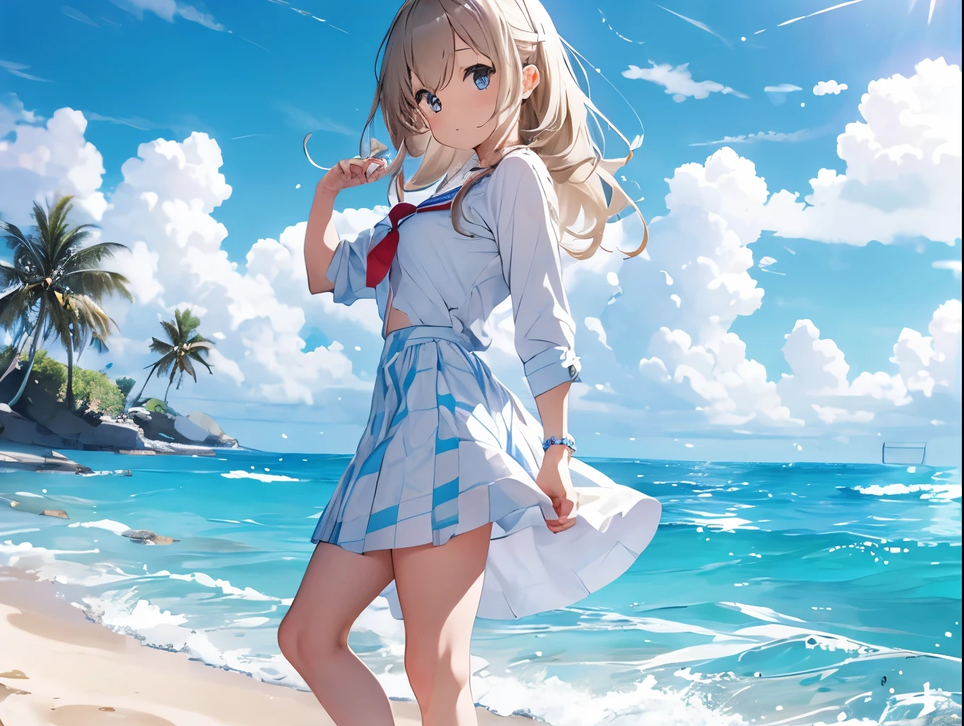 White dress shirt、She is wearing a light blue and white checkered skirt with both hands, showing off her cute white underwear.、barefoot、Sandy beach, sea and blue sky