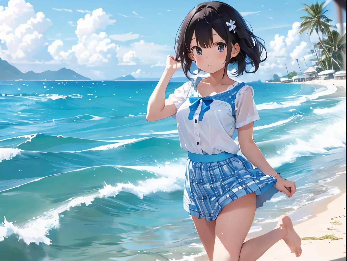 White dress shirt、She is wearing a light blue and white checkered skirt with both hands, showing off her cute white underwear.、barefoot、Sandy beach, sea and blue sky