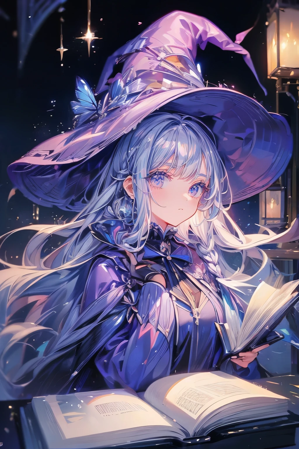 ((magic使いの女の子:1.5)), Upper body shot，Perfect Face, Beautiful Face, Highly detailed face，(Long Hair:1.3)，(Witch Hat:1.3)，boots，Witch's broom，magicの杖，book of magic，Night Sky，たくさんのstar，Shine，smile，Light，magic，月Light，starの粒，star々，月Light，流れstar、Sparkling