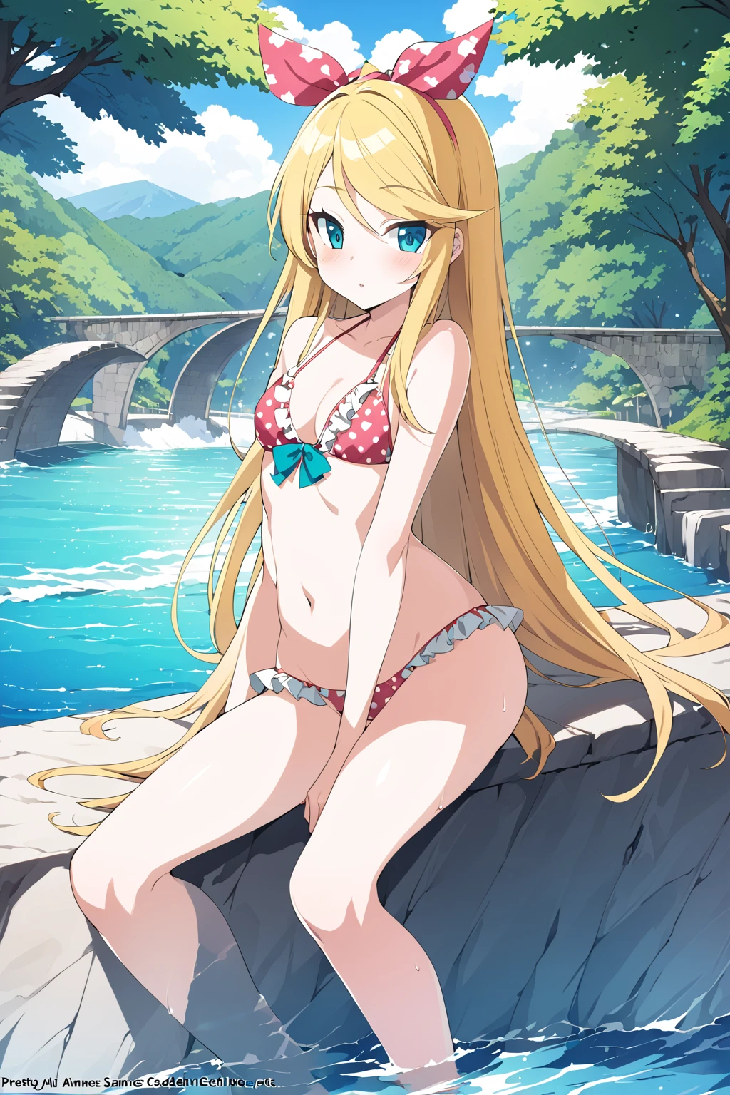 anime girl in a bikini in the water with a bridge in the background, seductive anime girl, , beautiful anime girl, ecchi anime style, blonde anime girl with long hair, beautiful alluring anime woman, ecchi, attractive anime girl, splash art anime , pretty anime girl, beautiful alluring anime teen, anime goddess, nsfw, naked. kagamine rin