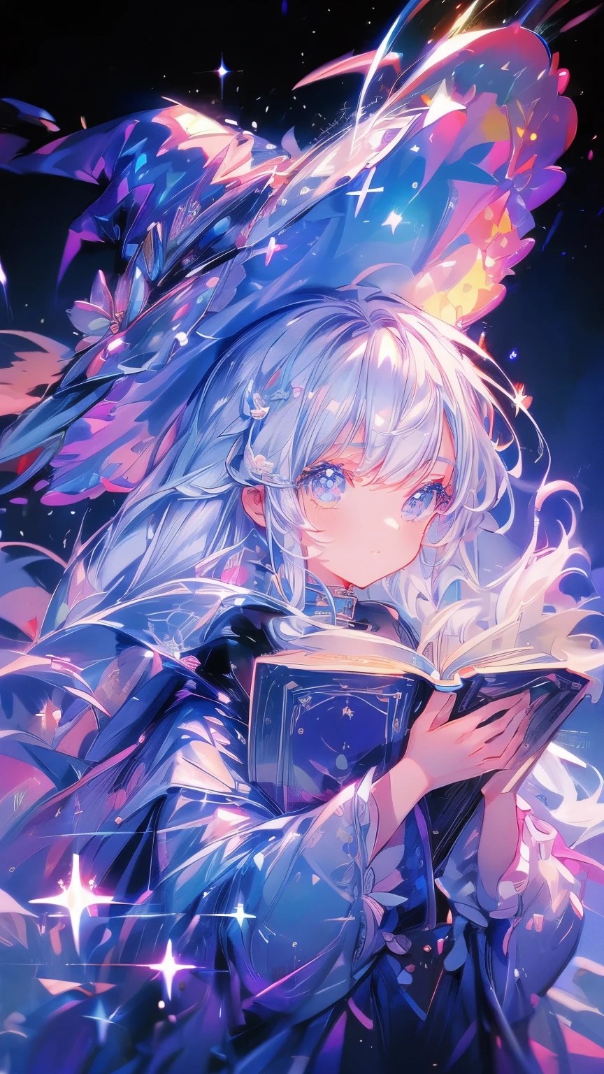 ((magic使いの女の子:1.5)), Upper body shot，Perfect Face, Beautiful Face, Highly detailed face，(Long Hair:1.3)，(Witch Hat:1.3)，boots，Witch's broom，magicの杖，book of magic，Night Sky，たくさんのstar，Shine，smile，Light，magic，月Light，starの粒，star々，月Light，流れstar、Sparkling