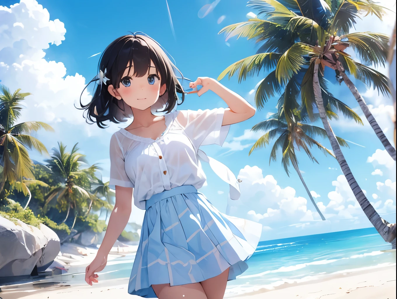 White dress shirt、She is wearing a light blue and white checkered skirt with both hands, showing off her cute white underwear.、barefoot、Sandy beach, sea and blue sky、Cute white underwear