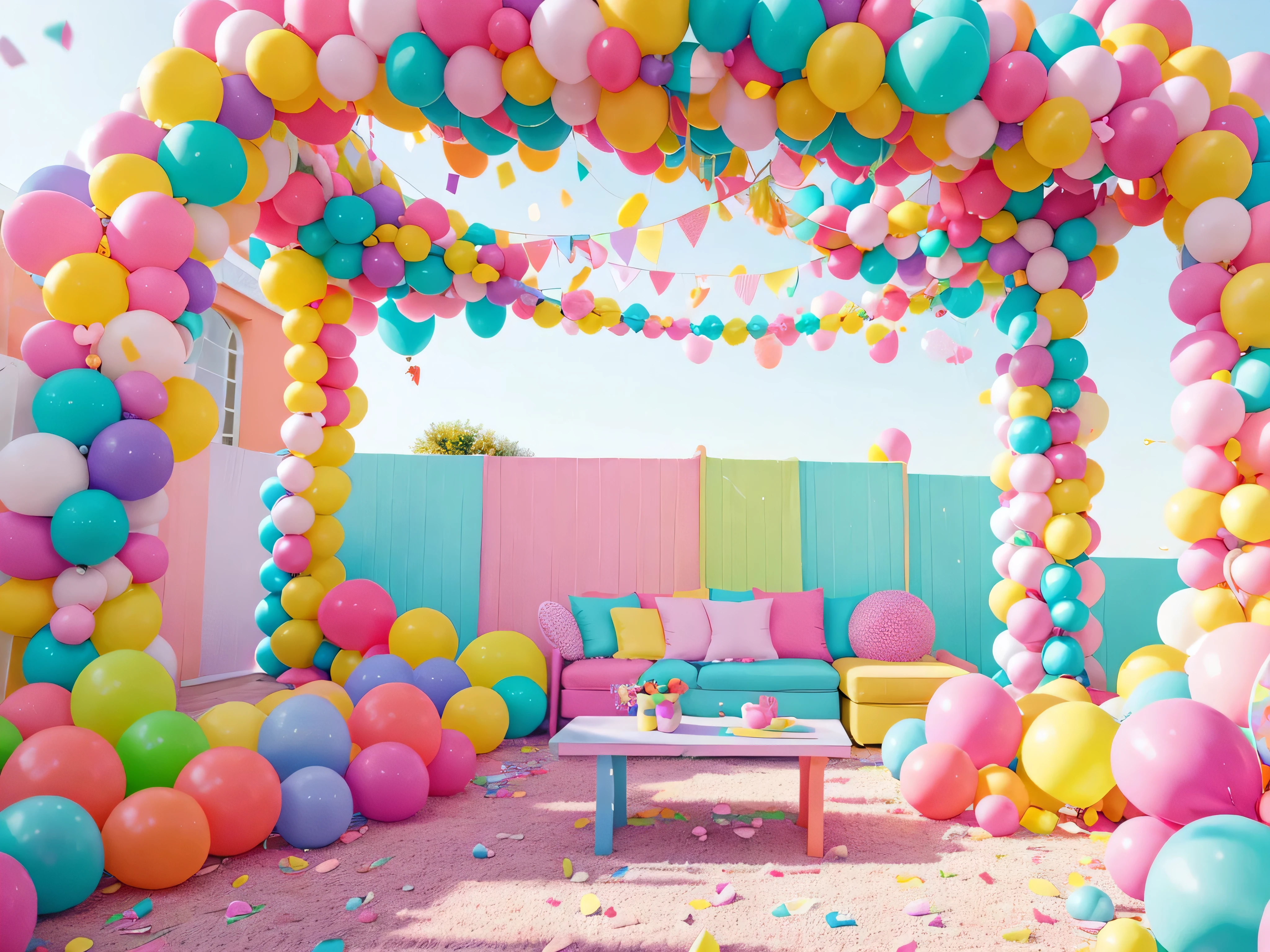 A bright, playful setting filled with pastel colors and whimsical elements like balloons or confetti, great for products targeted at children or for fun, lifestyle goods.