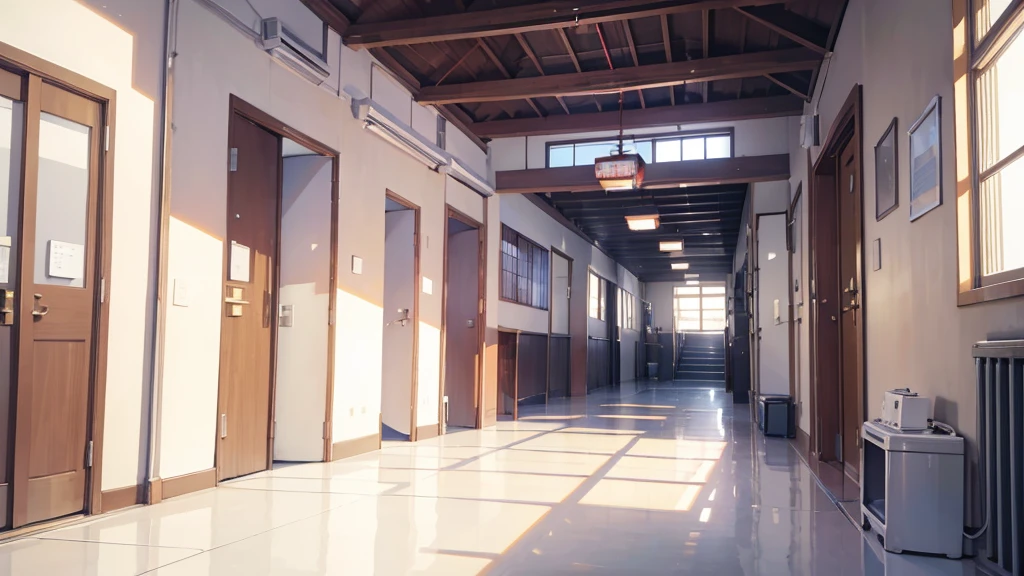 (masterpiece), best quality, ultra detailed, anime background, school, hallway, Japanese high school