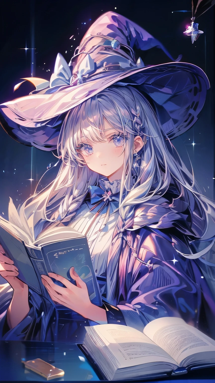 ((magic使いの女の子:1.5)), Upper body shot,Perfect Face, Beautiful Face, Highly detailed face,(Long Hair:1.3),(Witch Hat:1.3),boots,Witch's broom,magicの杖,book of magic,Night Sky,たくさんのstar,Shine,smile,Light,magic,月Light,starの粒,star々,月Light,流れstar、Sparkling
