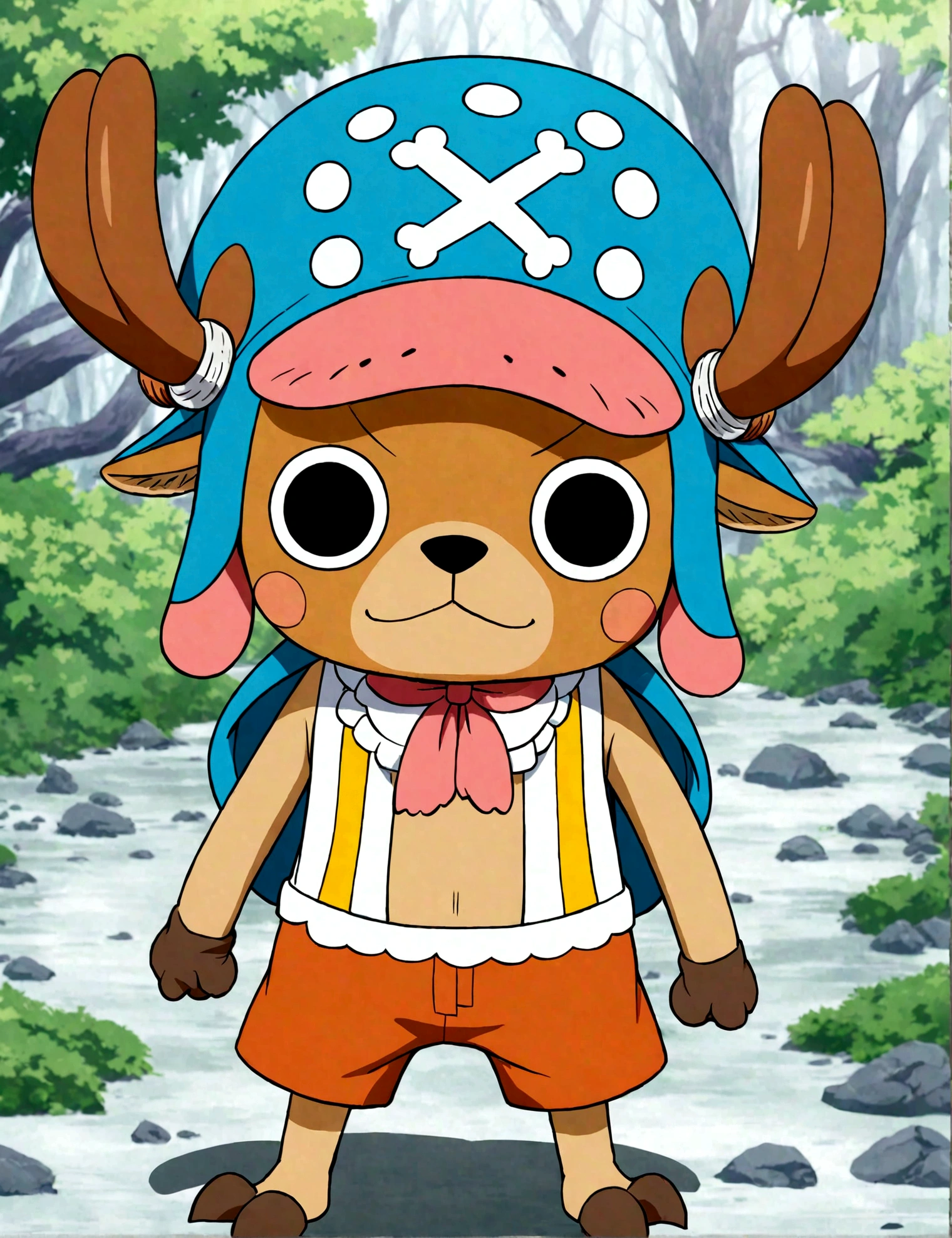 tony tony chopper from the one piece universe, he is walking in the forest, serious