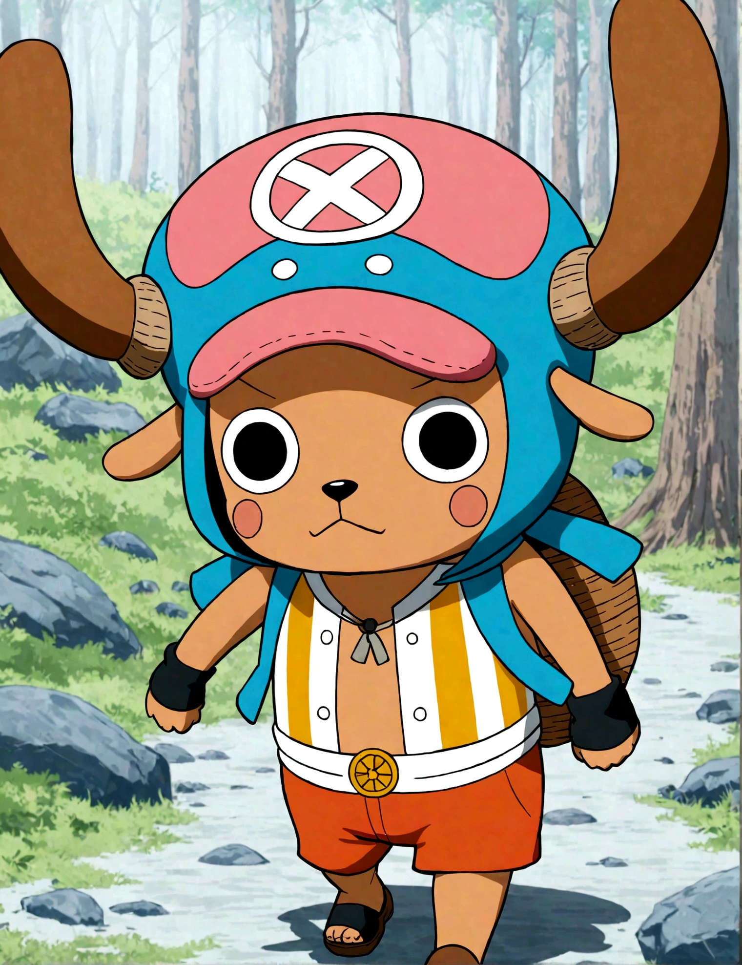 tony tony chopper from the one piece universe, he is walking in the forest, serious