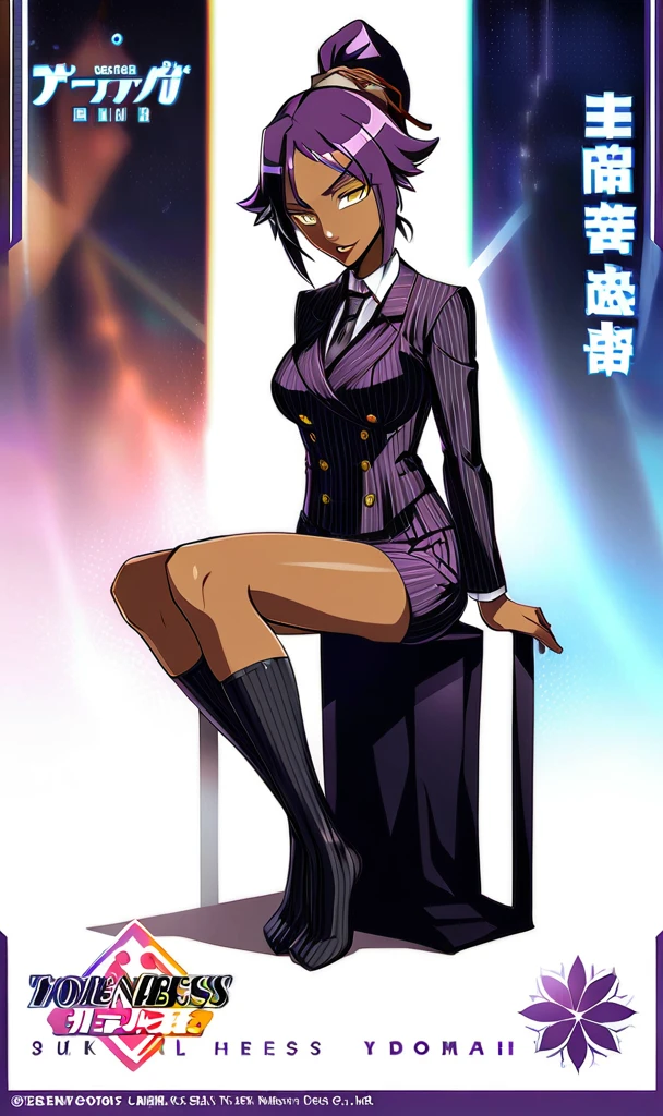  Full body Yoruichi as a thin Black business woman in a double breasted pinstripe purple  skirt suit while wearing a tie with a long purple pinstripe skirt and with long black knee socks full art and make her sit down also give her thin legs