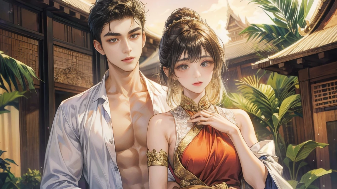 male and female couple, a man taking off clothes a tattoo in traditional Thai ,wearing Thai costume, ancient Thai style house background