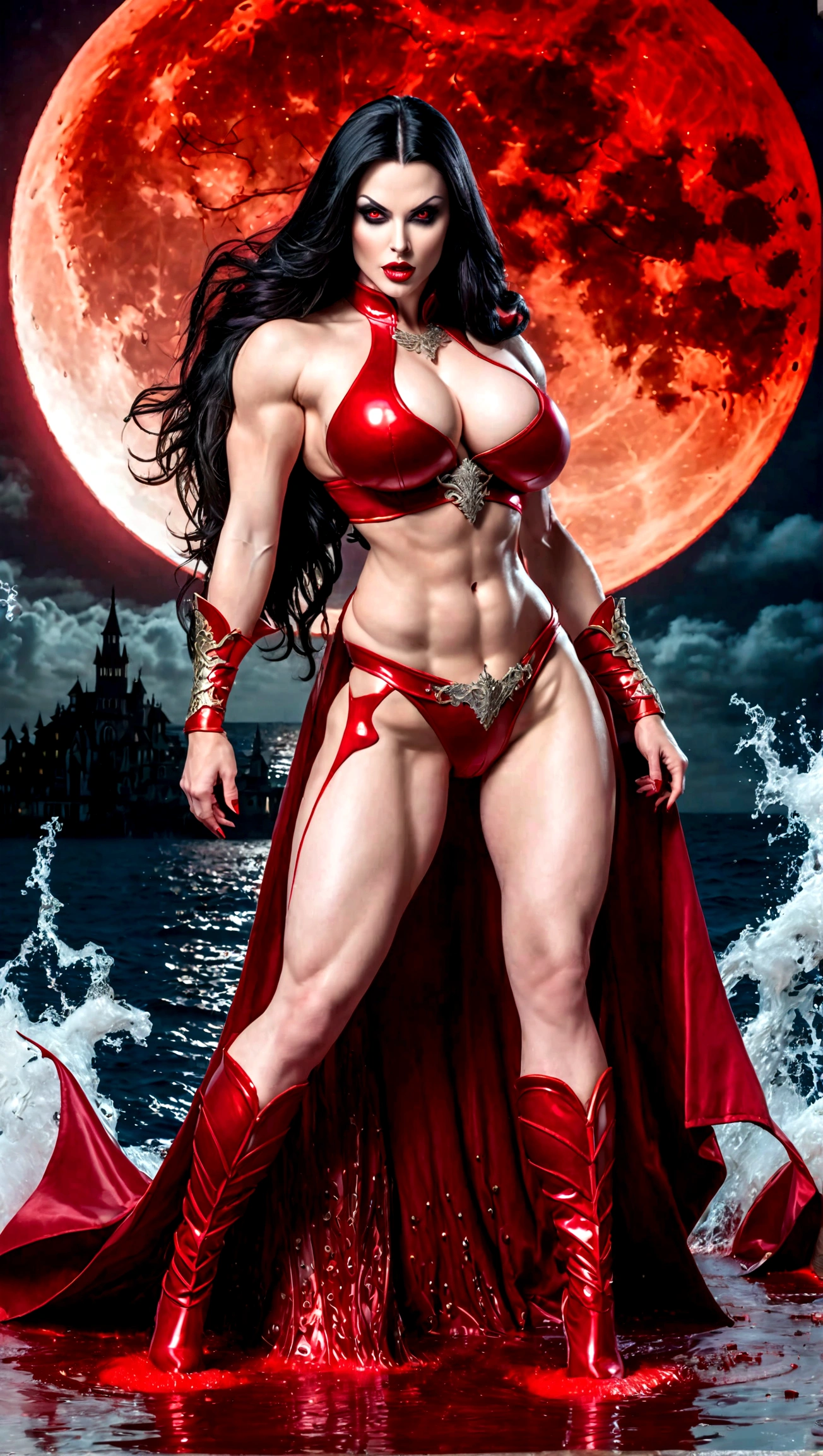 A sexy young vampire girl rising from a pool of red blood, ((full body view:1.25)), ((Aletta Ocean)), (((pale skin:1.25))), ((red glowing eyes:1.45)), ((Female Bodybuilder:1.25)), ((((very Wide chest & Shoulders)))), ((((huge veiny breasts)))), ((vampirella outfit:1.25)), ((long hair)), (((beautiful intricate red gothic vampire armor:1.25))), (((background with a red moon and sea of blood))), Ultra-detailed, High resolution, 8K UHD, (((Photo-realistic image:1.25)))