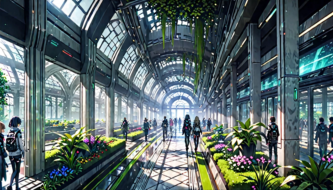 arcology, futuristic, clean, day, dense urban population, indoors, hallway opening into a grand indoors garden, people walking around enjoying their lives