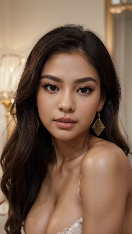 (best quality,4k,8k,highres,masterpiece:1.2, realistic:1.2 ),ultra-detailed,(realistic,photorealistic,photo-realistic:1.37),beautiful Philippines malay mixed ultra hot woman,large detailed eyes,long eyelashes, tightly bra, frontal view , facing front to camera , enormous bust,big shiny breasts,soft skin,vibrant make-up,flowing shiny hair,subtle blush,glowing complexion,seductive gaze,sensual lips,dainty earrings,delicate features,graceful pose,elegant posture,luxurious atmosphere,romantic lighting,sophisticated attire,fine lace details,subtle shadows,harmonious composition,vivid colors,soft pastel tones,lustrous highlights,artistic portraits.