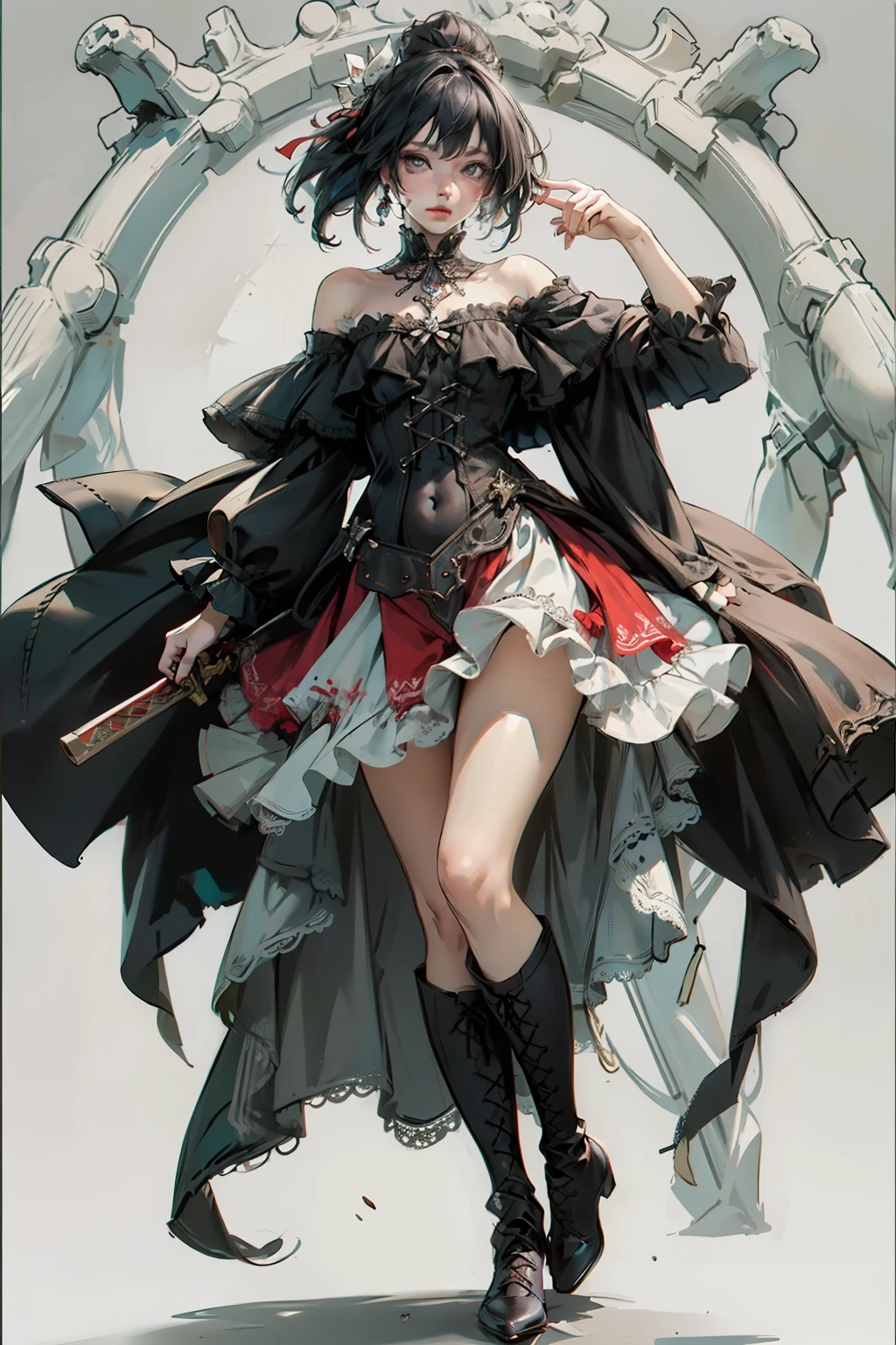 ((best quality)), ((masterpiece)), (detailed), blank white background, plain background, white background, red and white clothing, Bloodborne inspired, occult aesthetic, occult, detailed and intricate steampunk and detailed gothic, NSFW, Very dramatic and cinematic lighting, cosmic horror, grim-dark, side-lighting, perfect face, NSFW, Fluttering lace flared long knee length dress with frilly petticoats, knee length dress, pleated petticoats, lolita dress, petticoats gothic lolita, complex lace boots, side-lighting, gothic lolita aesthetic, wielding a mighty sword, carbine, NSFW, beautiful small breasts, small breasts, full body, whole body, body, plain background, white background, blank background, no background, white background NSFW, full body, whole body, head-to-toe NSFW