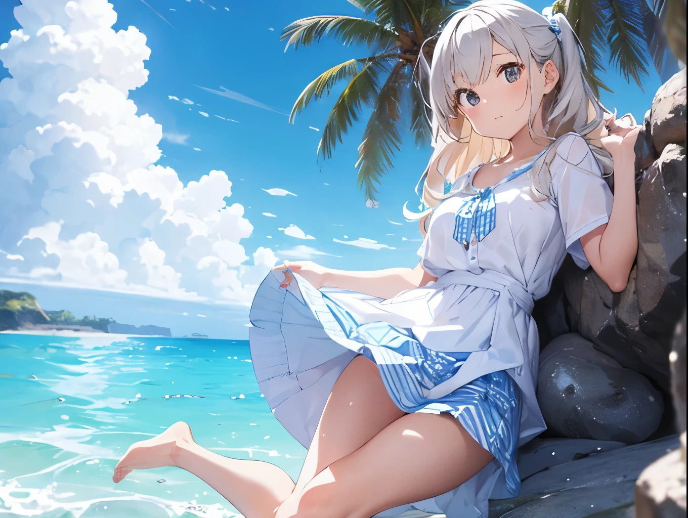 White dress shirt、She is wearing a light blue and white checkered skirt with both hands, showing off her cute white underwear.、barefoot、Sandy beach, sea and blue sky、Cute white underwear