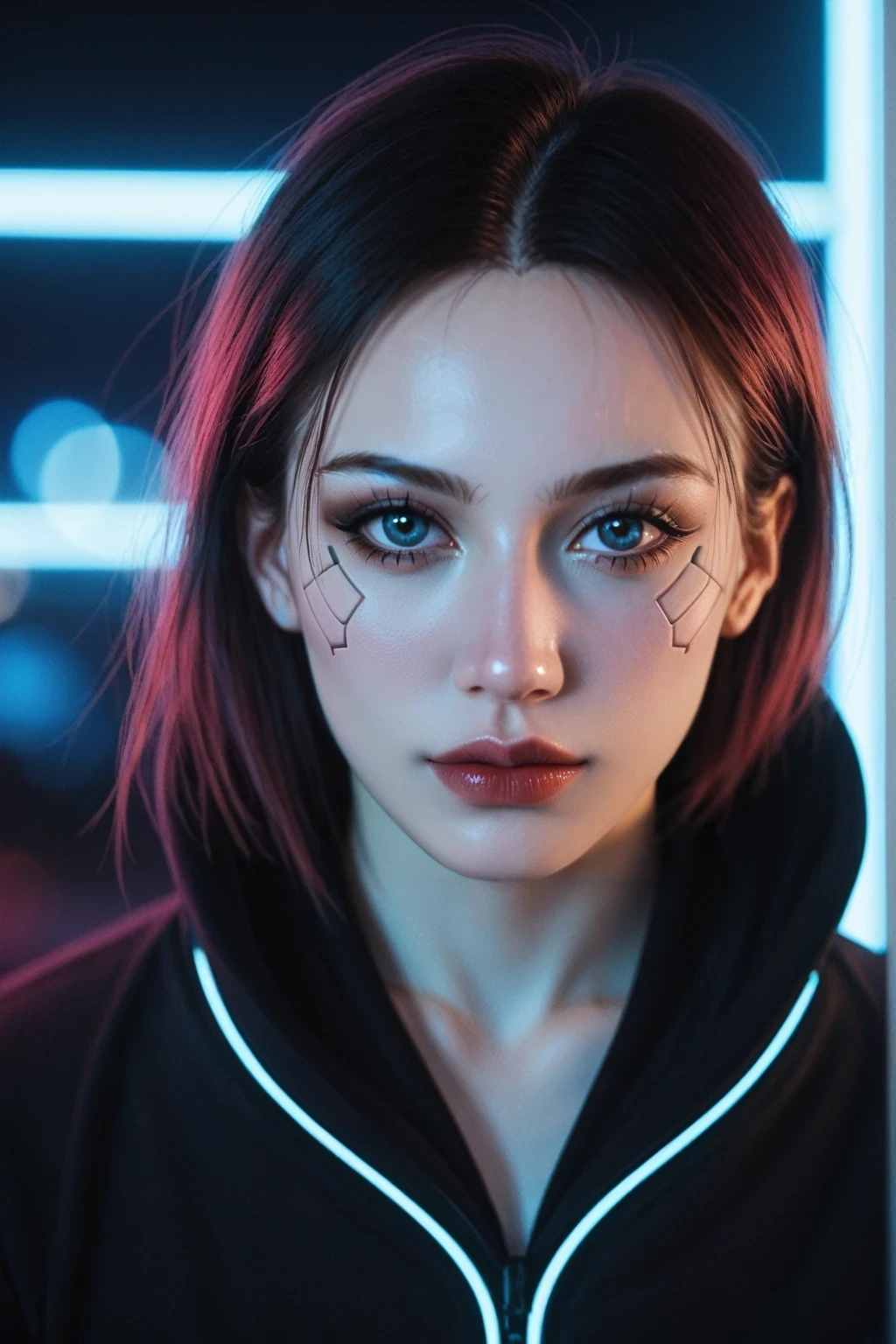 score_9, score_8_up, score_7_up, BREAK,
Neon Cyberpunk Vision: A close-up portrait of a cyberpunk heroine, her face illuminated by the neon lights of a futuristic cityscape reflected in her visor. Circuit patterns run across her skin, and her eyes glow with digital data streams. The scene is enriched with visual effects such as lens flare and neon streaks, creating a vibrant and dynamic atmosphere. Shot with a Canon EOS R5, f/1.4, artificial neon lighting