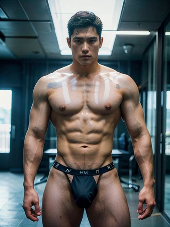 HOMEM COREANO, SEM CAMISA, rosto bonito, PEITO MUSCULAR, volume na cueca, bulge, grande, futuristic, robot body, lean body, husky, slim, big nice bulge, wearing micro string thong