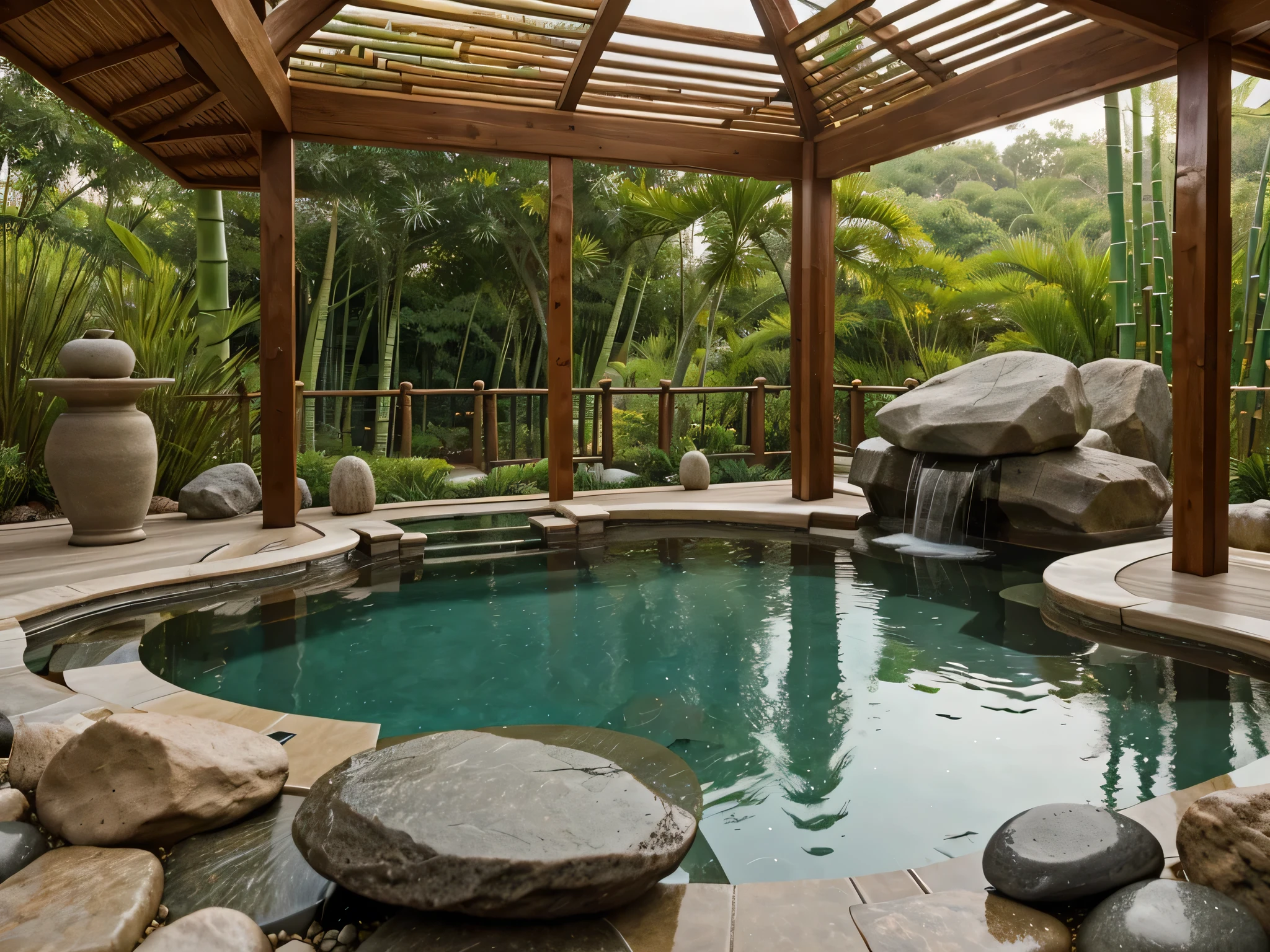 There is a pool with a waterfall in the middle of it - SeaArt AI