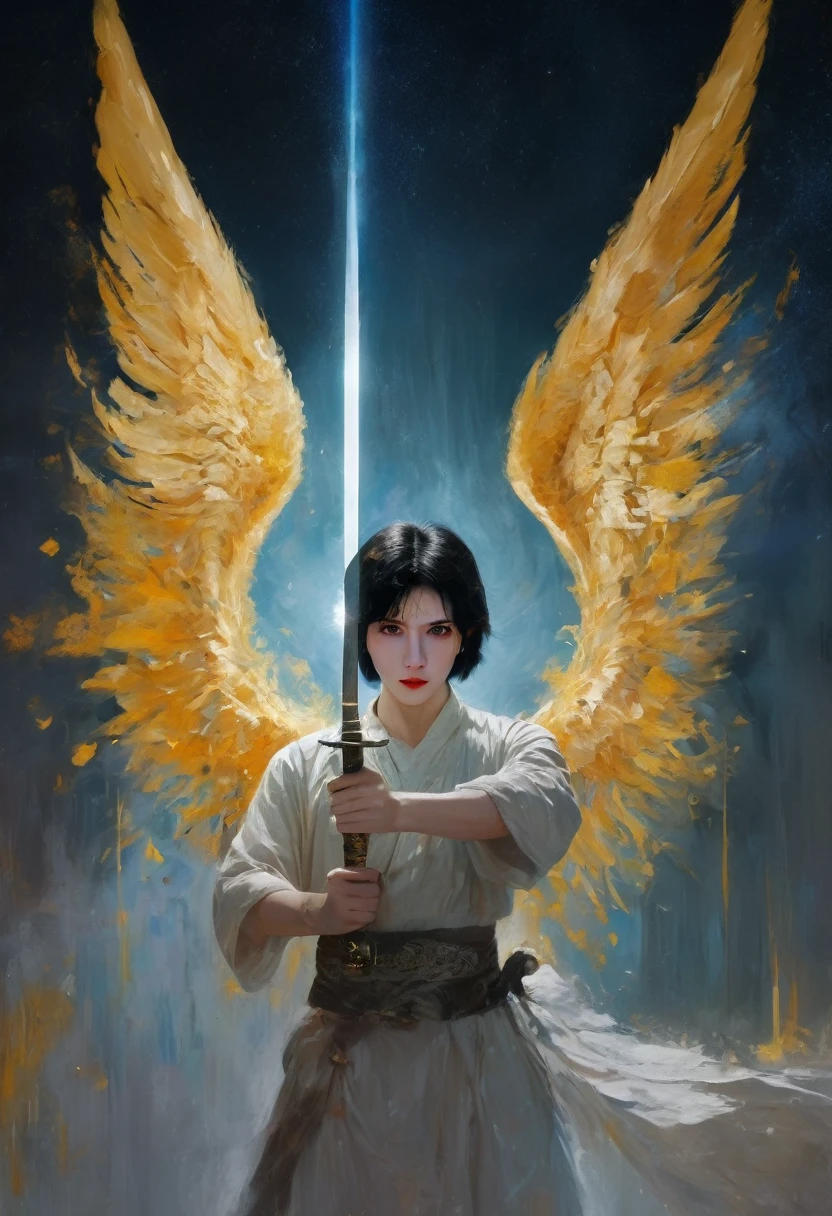a man, short black hair, bright yellow eyes, golden wings. a city, night, starry sky, bright moon
