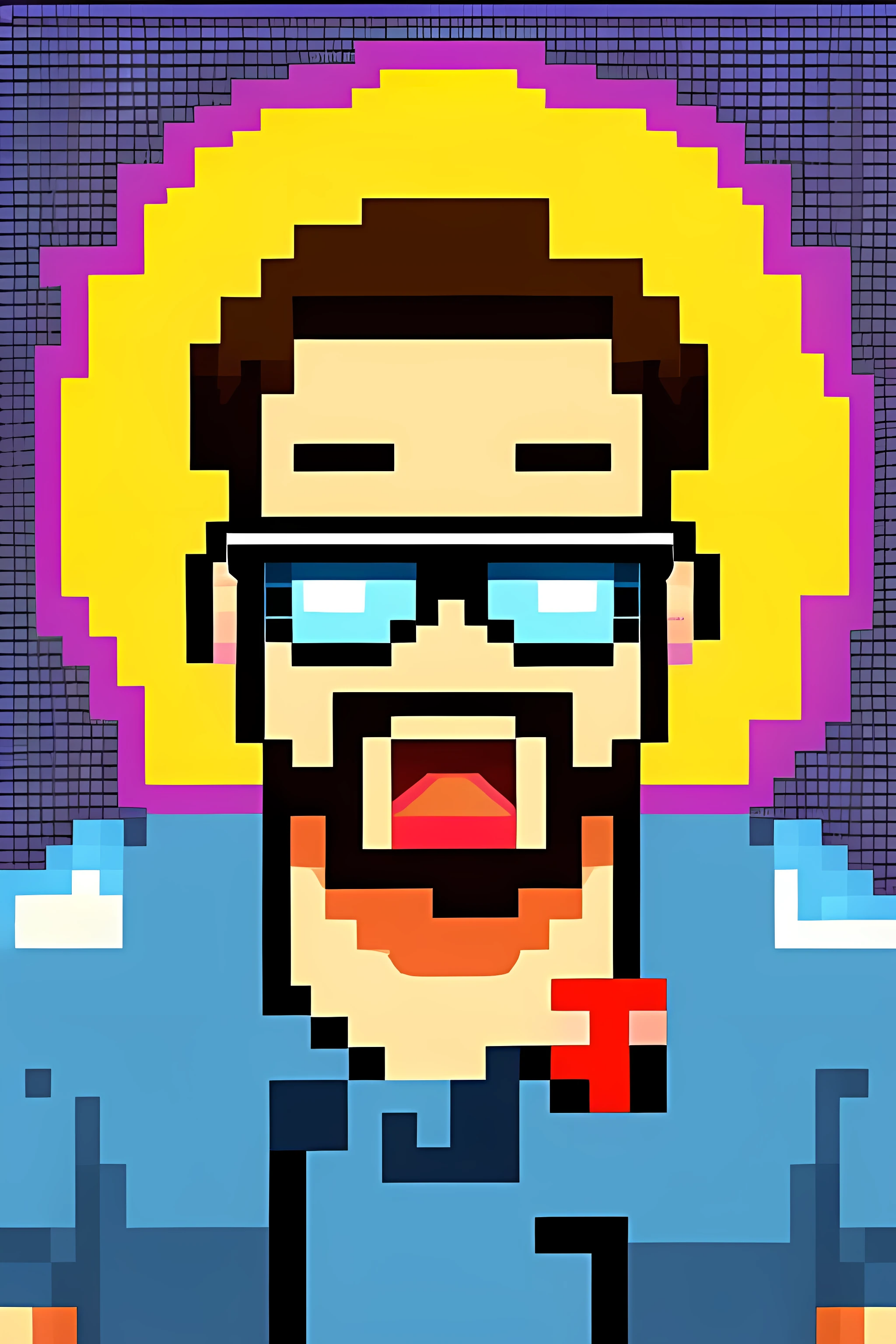 A humorous 2D pixel art portrayal of a gamer man,
(cartoony: 1.5), highlighting his quirky facial expressions and quick wit,
(expressive eyes: 1.4), oversized glasses, and a vibrant, pixelated t-shirt adorned with his favorite gaming insignia,
retro design, (8-bit aesthetic: 1.2), high-contrast color palette,
(tongue-out, side-profile: 1.3), classic joystick in hand,
pixel perfection, best quality, memorable comedic scene from his latest gaming triumph.