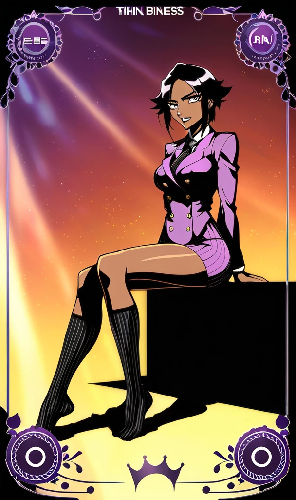  Full body Yoruichi as a thin Black business woman in a double breasted pinstripe purple  skirt suit while wearing a tie with a long purple pinstripe skirt and with long black knee socks full art and make her sit down also give her thin legs