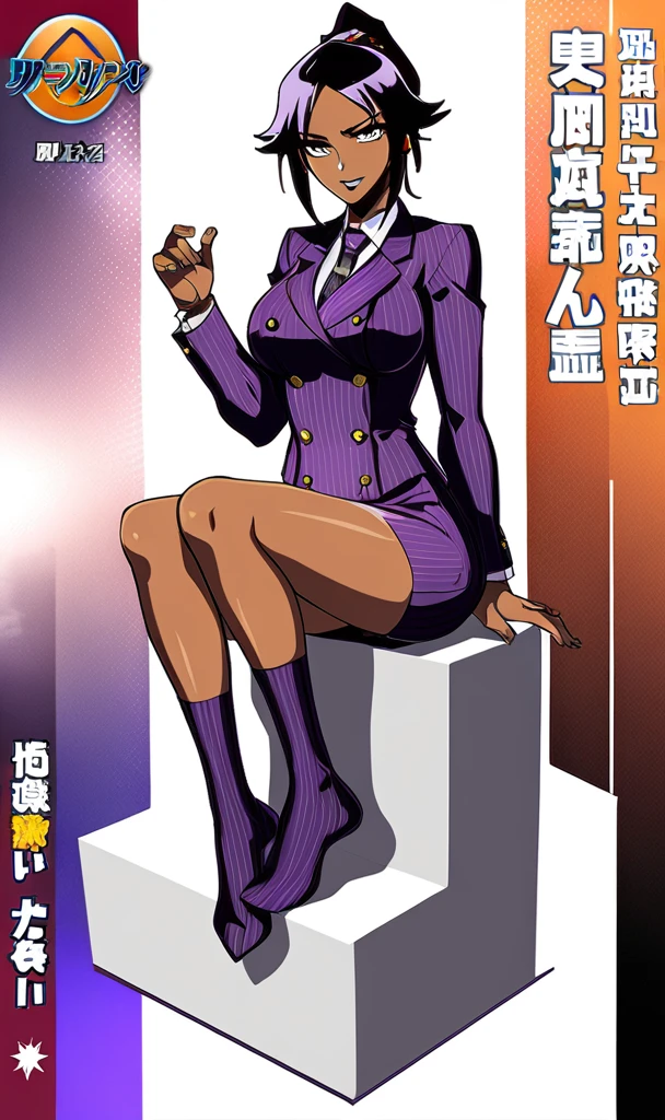 Full body Yoruichi as a thin Black business woman in a double breasted pinstripe purple skirt suit while wearing a tie with a long purple pinstripe skirt and with long black knee socks full art and make her sit down also give her thin legs