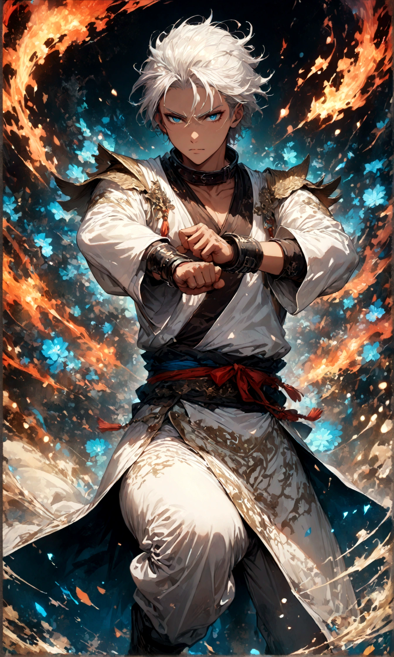 (1 male,gabimaru,Androgynous short hair,white hair,White ninja costume,Gabimaru is a slim androgynous man,beautiful,Listless),Midori Ishida's painting style,Moderate dirt,Intricate details,,Decadent,artwork,rendering,,(masterpiece:1.3),(highest quality:1.4),(Super detailed:1.5),High resolution,Very detailed,unity 8k wallpaper,Dark fantasy,Glare,Fighting Style,BREAK,The ninja outfit that Gabimaru is wearing is white.,The collar and cuffs are black.