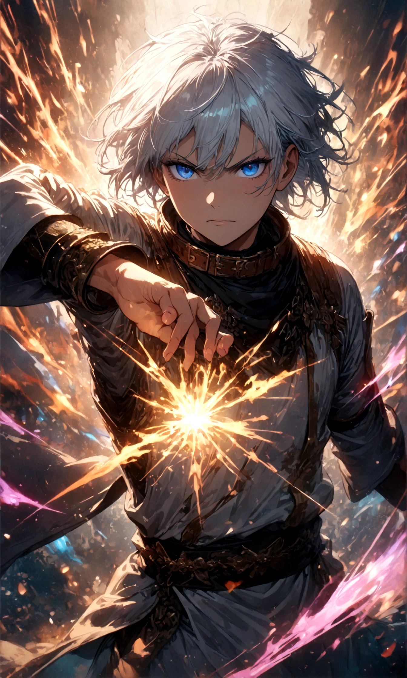 (1 male,gabimaru,Androgynous short hair,white hair,White ninja costume,Gabimaru is a slim androgynous man,beautiful,Listless),Midori Ishida's painting style,Moderate dirt,Intricate details,,Decadent,artwork,rendering,(masterpiece:1.3),(highest quality:1.4),(Super detailed:1.5),High resolution,Very detailed,unity 8k wallpaper,Dark fantasy,Glare,Fighting Style,BREAK,The ninja outfit that Gabimaru is wearing is white.,The collar and cuffs are black.