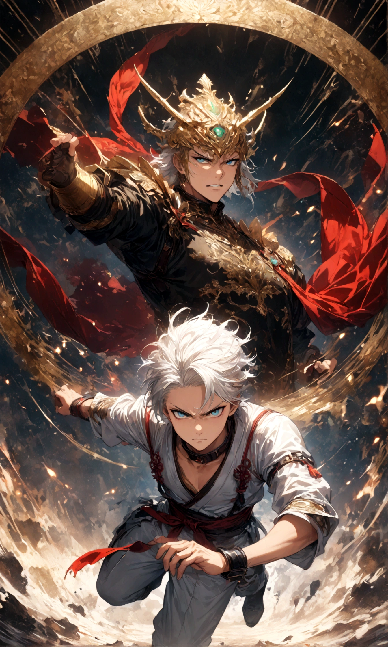 (1 male,gabimaru,Androgynous short hair,white hair,White ninja costume,Gabimaru is a slim androgynous man,beautiful,Listless),Midori Ishida's painting style,Moderate dirt,Intricate details,,Decadent,artwork,rendering,(masterpiece:1.3),(highest quality:1.4),(Super detailed:1.5),High resolution,Very detailed,unity 8k wallpaper,Dark fantasy,Glare,Fighting Style,BREAK,The ninja outfit that Gabimaru is wearing is white.,The collar and cuffs are black.