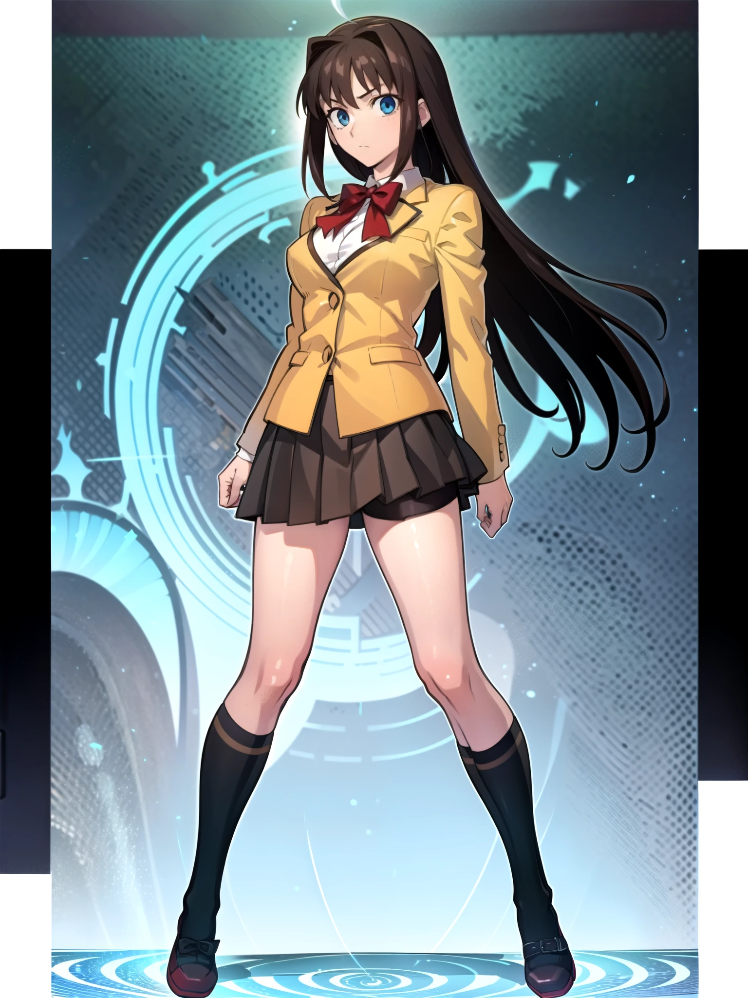 BREAK, centered, BREAK, (EMPTY BACKGROUND), BREAK, (masterpiece), best quality, highest resolution, 8k, illustration, (beautiful detailed eyes:1.5), extremely detailed face, extremely detailed body, CG, perfect hands, perfect anatomy, ((1girl)), ((solo)), (((bbaoko))), ((2 legs max)), ((2 feet max:1.5)), ((swirling vortex shaped longest brown hair:1.5)), (brown longest hair with slightly reddish undertone:1.6), (lush luscious longest brown hair:1.6), (very long voluminous longest brown hair:1.5), serious, blue eyes, red bowtie, (Form-fitting beige blazer:1.5), brown jacket, (highly detailed beautiful face:1.2), (white shirt:1), (well shaped large breasts:1.6), (nice hips:1), pretty legs, (high socks colored black:1.5) ((Umber pleated skirt:1.6)), (((bkshrt:1.6))), (toned visible skin thighs:1.6), (strap shoes brown color), (facing front:1.5), ((standing straight:1.5)), ((Fullbody in frame:1.5)), ((Full body:1.5)), (takeuchi takashi:1.3)
