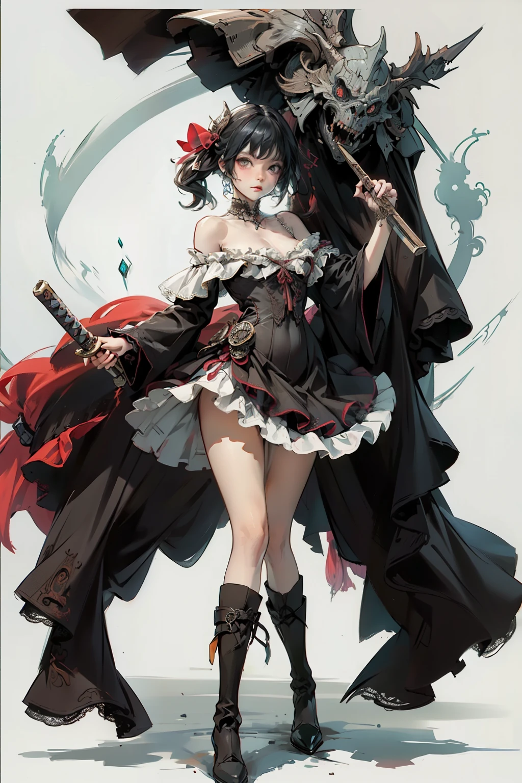 ((best quality)), ((masterpiece)), (detailed), blank white background, plain background, white background, red and white clothing, Bloodborne inspired, occult aesthetic, occult, detailed and intricate steampunk and detailed gothic, NSFW, Very dramatic and cinematic lighting, cosmic horror, grim-dark, side-lighting, perfect face, NSFW, Fluttering lace flared long knee length dress with frilly petticoats, knee length dress, pleated petticoats, lolita dress, petticoats gothic lolita, complex lace boots, side-lighting, gothic lolita aesthetic, wielding a mighty sword, carbine, NSFW, beautiful small breasts, small breasts, full body, whole body, body, plain background, white background, blank background, no background, white background NSFW, full body, whole body, head-to-toe NSFW