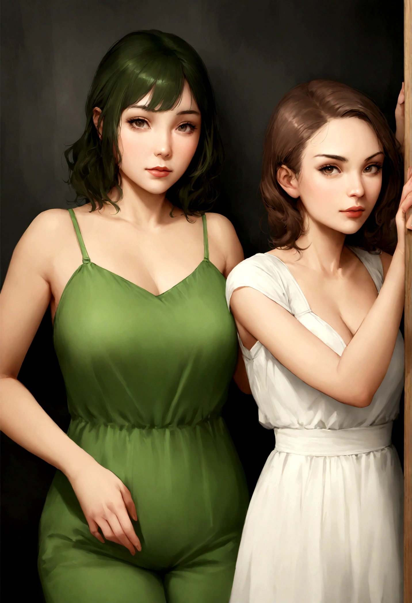 Femme portant une chemise verte et un pantalon long posant pour une photo, Chemise verte, close up of half body, mignone, generous shape,  jean mis large, Recadrer ci-dessus, ( ( dark green, verdoyant, Un cadre luxuriant, green clothes, Closed body plan, premier plan medio, taille - coup, Portrait demi-plan, 4 mille ], 4k realistic], premier plan,
