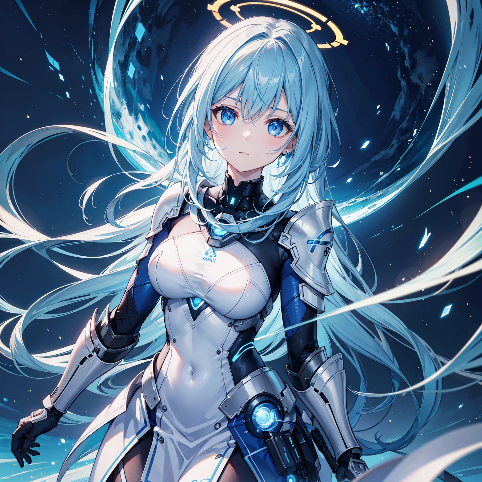 8k, highest quality, (real:1.4), Original photo, 1 girl, Asari Hair, Biological Amplifier, refined armor, posture: Peace talks between warring factions,attention arousal, smart blue eyes,Blue big moon and blue light swirl in the background,Blue halo,