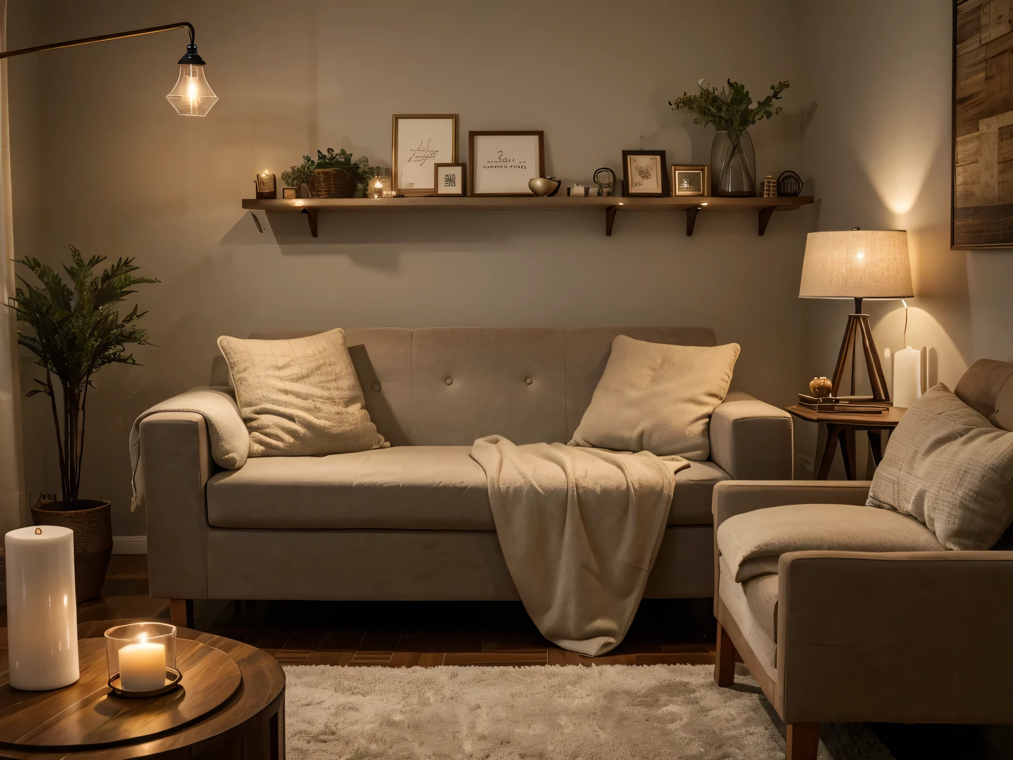 A cozy, homely setting with a comfortable, inviting ambiance, featuring elements like soft lighting, plush textiles, and warm tones, suitable for home goods or comfort products.