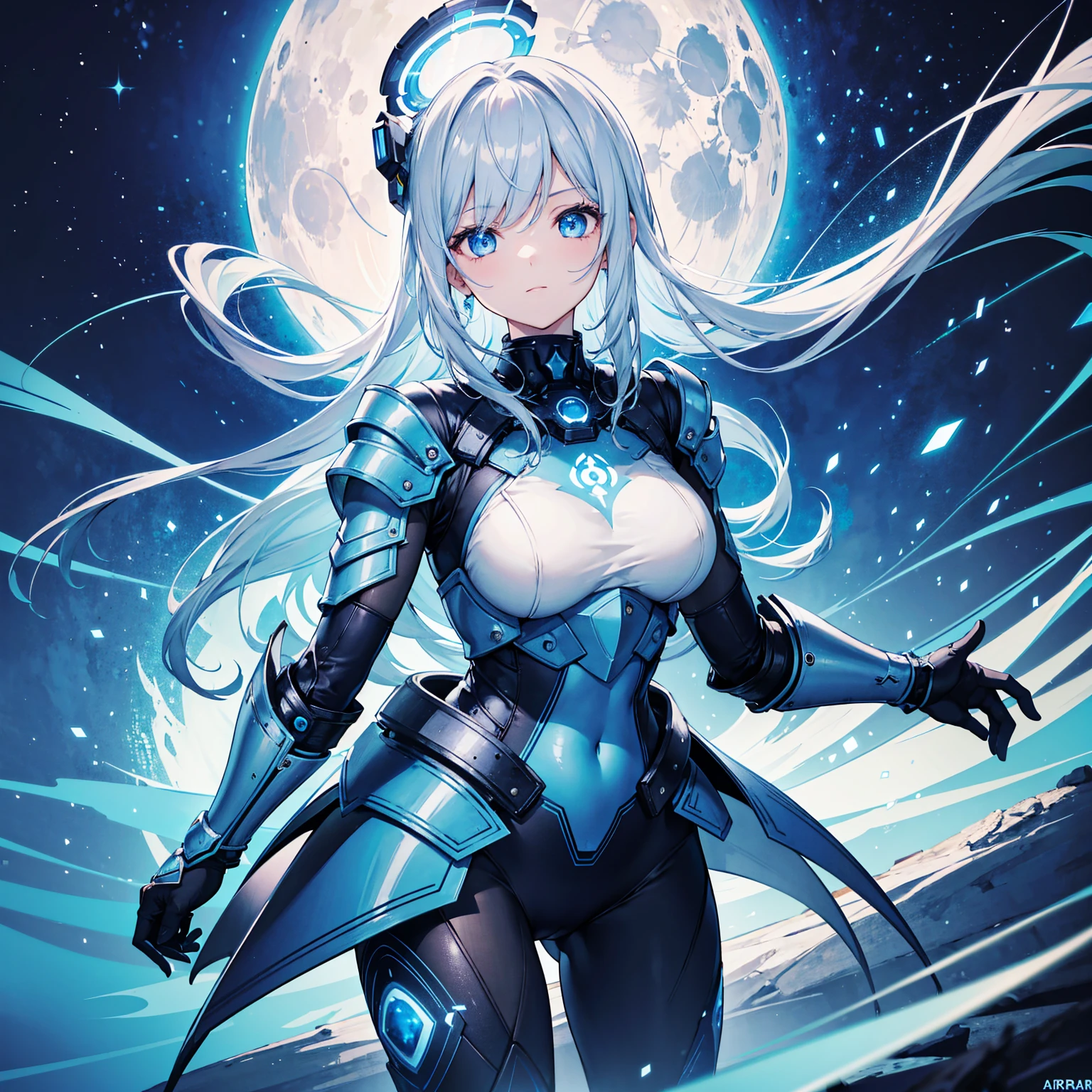 8k, highest quality, (real:1.4), Original photo, 1 girl, Asari Hair, Biological Amplifier, refined armor, posture: Peace talks between warring factions,attention arousal, smart blue eyes,Blue big moon and blue light swirl in the background,Blue halo,