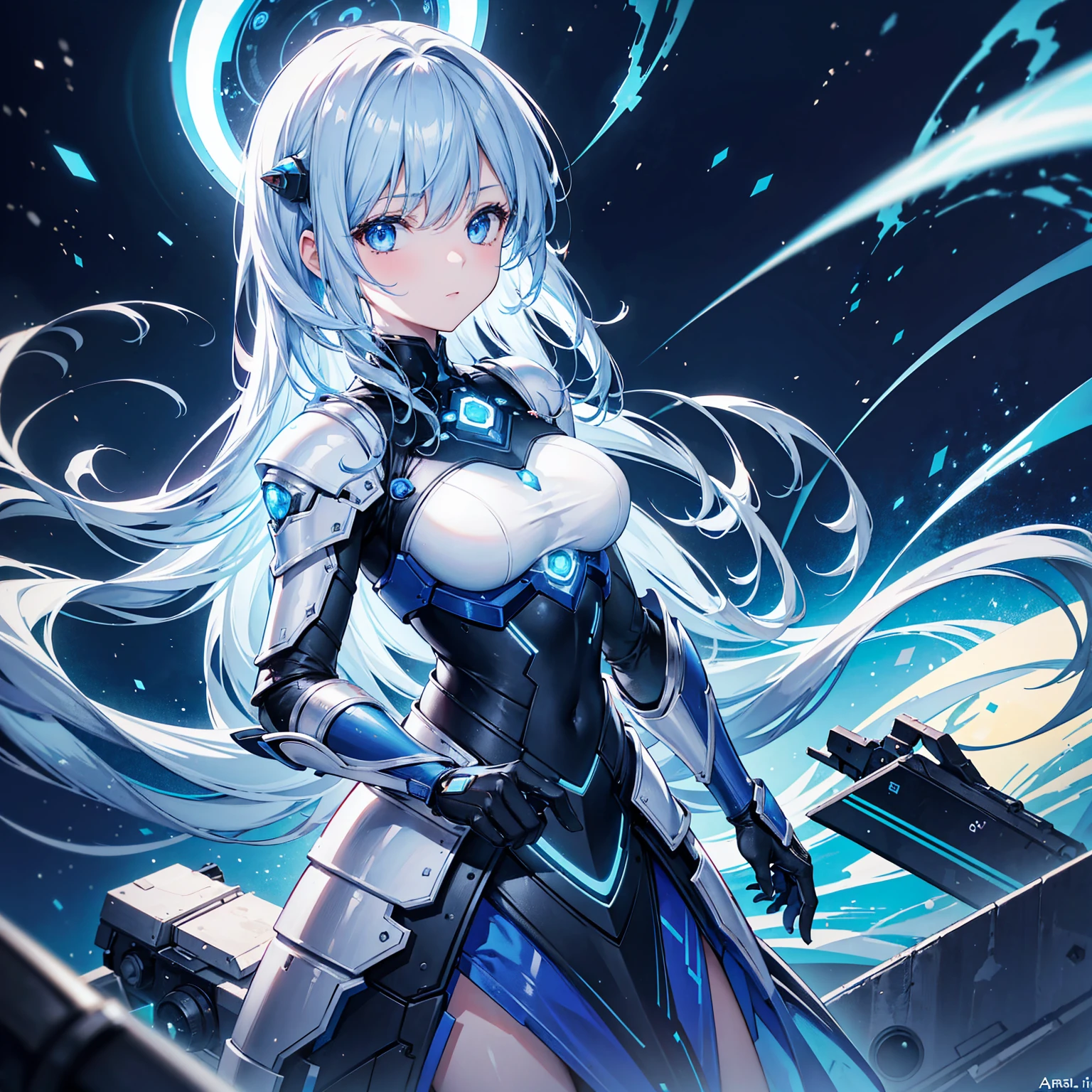 8k, highest quality, (real:1.4), Original photo, 1 girl, Asari Hair, Biological Amplifier, refined armor, posture: Peace talks between warring factions,attention arousal, smart blue eyes,Blue big moon and blue light swirl in the background,Blue halo,
