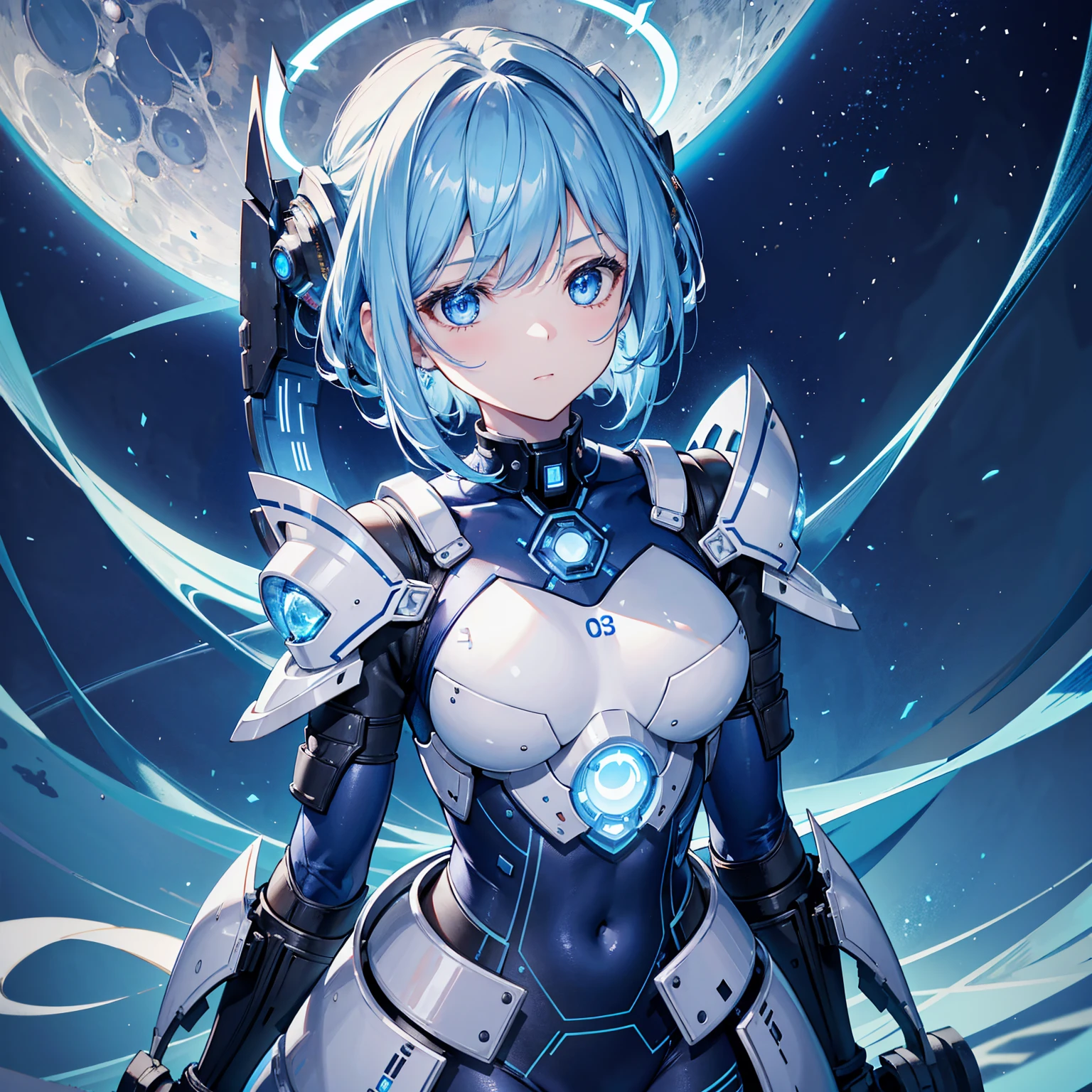 8k, highest quality, (real:1.4), Original photo, 1 girl, Asari Hair, Biological Amplifier, refined armor, posture: Peace talks between warring factions,attention arousal, smart blue eyes,Blue big moon and blue light swirl in the background,Blue halo,