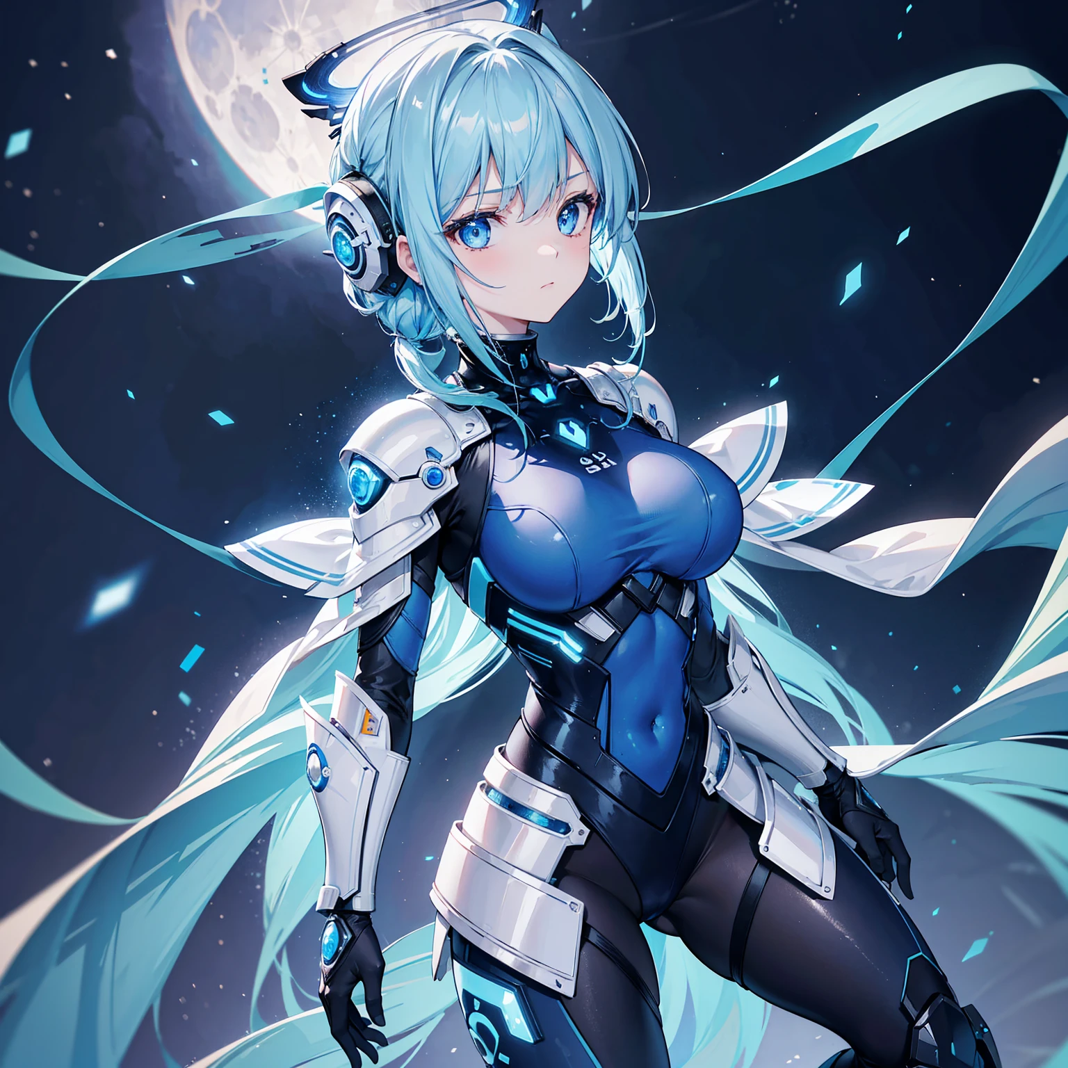 8k, highest quality, (real:1.4), Original photo, 1 girl, Asari Hair, Biological Amplifier, refined armor, posture: Peace talks between warring factions,attention arousal, smart blue eyes,Blue big moon and blue light swirl in the background,Blue halo,