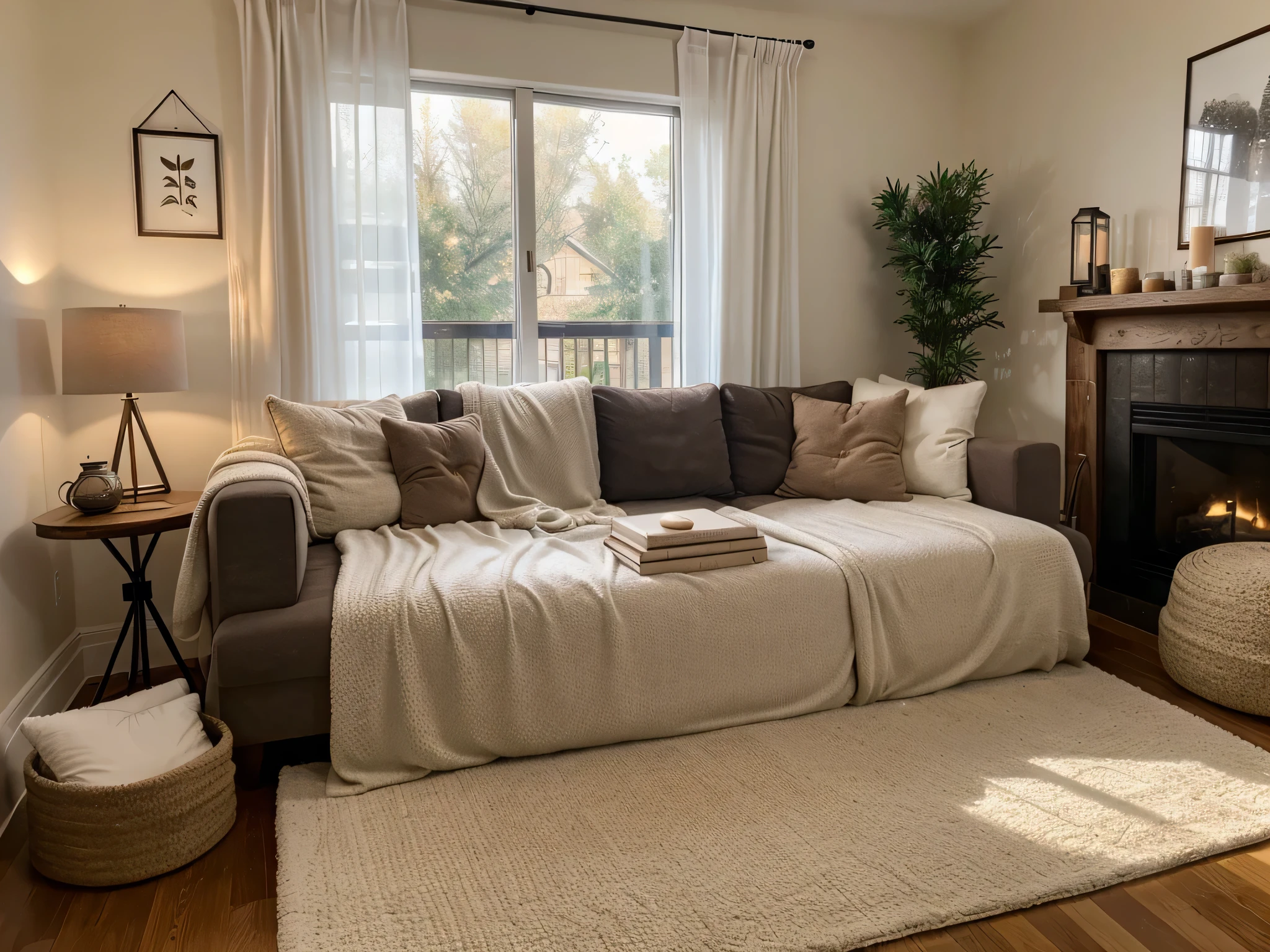 A cozy, homely setting with a comfortable, inviting ambiance, featuring elements like soft lighting, plush textiles, and warm tones, suitable for home goods or comfort products.
