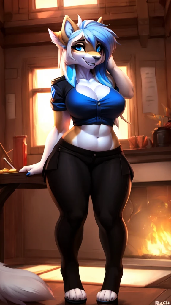 ((((SFW)))), carreguei o e621, lindo e detalhado,mulher (((female))) ((antropo)) hiena, Ross Tran, por Ruan Jia, por Zaush, por Foxovh, cinematic lighting, sedutor, hiena, coxas, (peito enorme), full body view, (antropo, pele fofa, foco do personagem:1.1), 1 garota,  cachorro antropo, pele do corpo, rabo de cachorro, Sozinho, medium breasts, (coxas grossas), curvado, (azul,Preto e branco colors_roupas) focar em , biki big sexy mom sensual mom , (heart-shaped pupils), sensual, sedutor, se apaixone garota, juridical, bonitinho, cara de safada, , grande show de halo , Cabelo preto com mechas azuis. garota samurai dentro da bunda, Uniforme sensual , com a camisa encharcada , Visible saliva offering to breasts and partial sex clothes ((She's showing off her sensuality) ( colar azul.) hottest 1st position for blue eyes sexy naughty face comfortable anime style cartoon style squirrel ears with blue hair ponytail , desenho digital e cidade colorida ao fundo, sexual expression.) (roupas colors: azul, Preto e branco) (sensual roupas), arte digital, sexual position, corada, formato ampulheta, cauda peluda