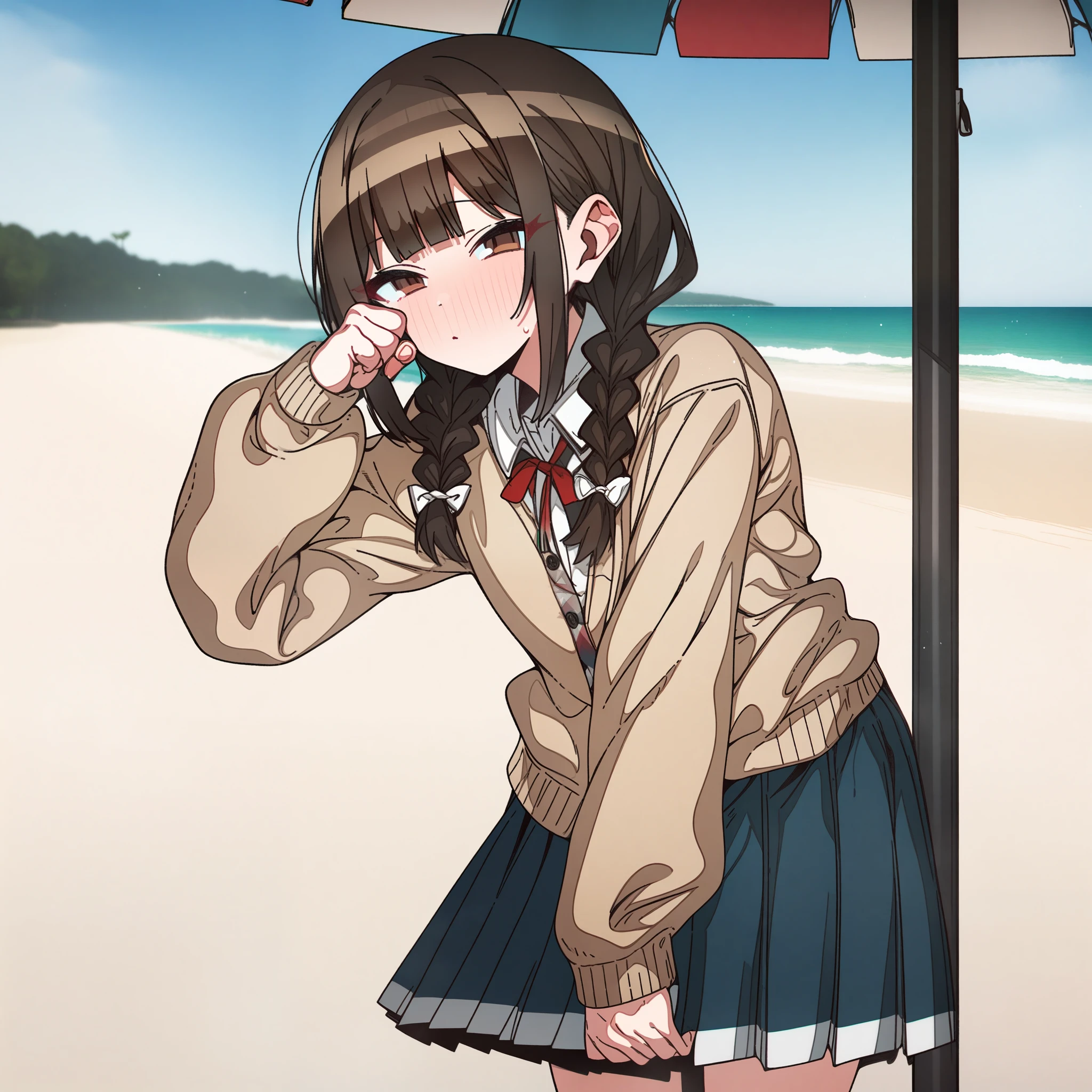 gawr_gura with brown hair and brown eyes, Artist, erere, Copyrights, idolmaster, idolmaster_shiny_colors, Character, General, 1girl, brown_hair, blunt_bangs, blush, medium_breasts, breasts, detailed eyelashes, beatiful girl:1, brown_eyes, censored, skirt, pleated_skirt, school_unform, twin_braids, rubbing_eyes, half_closed_eyes, sleepy, :|, (full_body) (standing in middle, beach_umbrella), sky:0.7, detailed, sand, outdoors, from_side, looking_at_viewer, masterpiece, best_quality, great_quality, girl, solo, center_composition, centered character, cute

