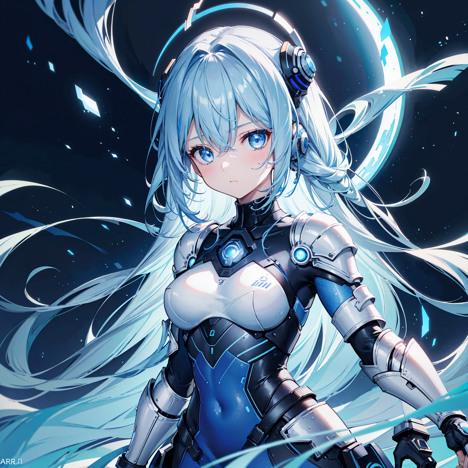 8k, highest quality, (real:1.4), Original photo, 1 girl, Asari Hair, Biological Amplifier, refined armor, posture: Peace talks between warring factions,attention arousal, smart blue eyes,Blue big moon and blue light swirl in the background,Blue halo,