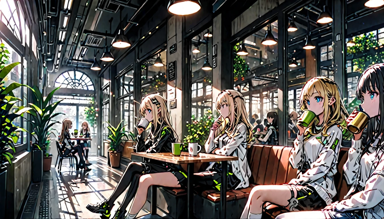 arcology, futuristic, clean, day, dense urban population, indoors, hallway opening into a grand indoors garden, people walking around enjoying their lives, cute girls sitting at a cafe, sipping from mug, close up