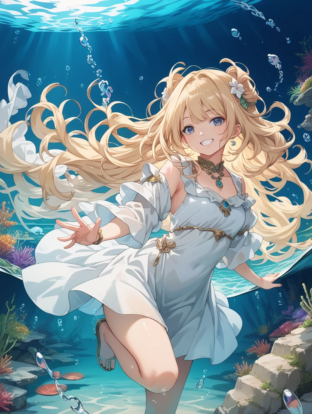 score_9, score_8_up, score_7_up, source_anime,masterpiece, best quality, high resolution, extremely detailed CG, absurdres, 1girl, solo, youth  girl, smile, Deep under the sea, (white marble Greek temple under water), a girl floating under water, blonde_hair, long_hair, fishs, Tyndall light, under sea, under ocean, underwater, submerged water, deep submersion