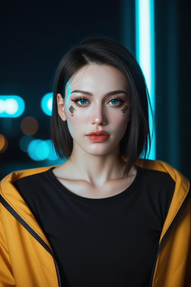 score_9, score_8_up, score_7_up, BREAK,
Neon Cyberpunk Vision: A close-up portrait of a cyberpunk heroine, her face illuminated by the neon lights of a futuristic cityscape reflected in her visor. Circuit patterns run across her skin, and her eyes glow with digital data streams. The scene is enriched with visual effects such as lens flare and neon streaks, creating a vibrant and dynamic atmosphere. Shot with a Canon EOS R5, f/1.4, artificial neon lighting