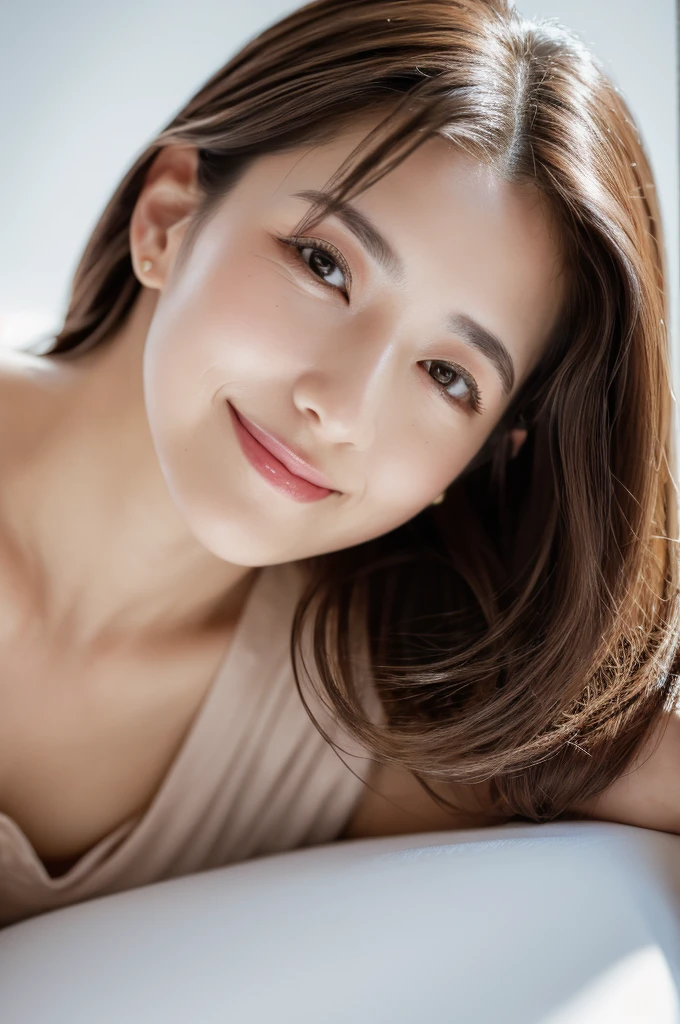 for website about beauty serum, somewhat intelligent look, res dress, best quality, highly detailed, ultra detailed, high resolution, absurdres, straight-on, a so beautiful japanese woman, 32 years old, applying beauty serum, looking at camera and smiling, minimalist white background, highly detailed, photorealistic, glowing skin, sophisticated, elegant, beautiful detailed eyes, beautiful detailed lips, extremely detailed eyes and face, long eyelashes, beautiful short black hair, warm smile, natural lighting, photorealistic, 8k, high quality, detailed portrait, elegant, refined, intellectual, key Light,close_up, lying down, like so young,without shadow