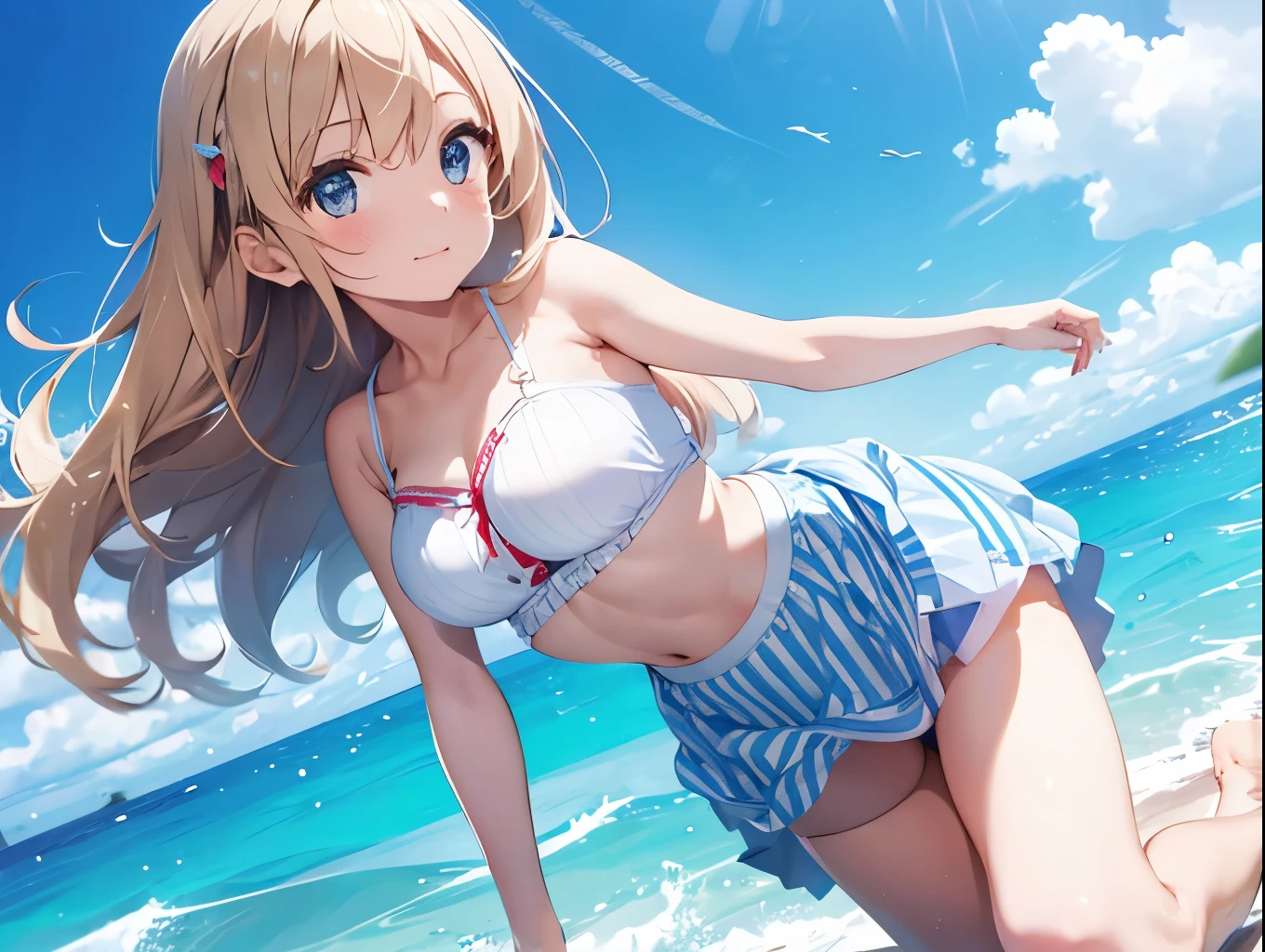 Breasts sticking to a white dress shirt、She is wearing a light blue and white checkered skirt with both hands, showing off her cute white underwear.、barefoot、Sandy beach, sea and blue sky、Cute white underwear