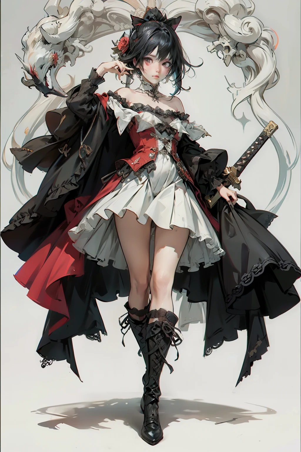 ((best quality)), ((masterpiece)), (detailed), blank white background, plain background, white background, off the shoulder, off shoulder, red and white clothing, Bloodborne inspired, occult aesthetic, occult, detailed and intricate steampunk and detailed gothic, NSFW, Very dramatic and cinematic lighting, cosmic horror, grim-dark, side-lighting, perfect face, NSFW, Fluttering lace flared long knee length dress with frilly petticoats, knee length dress, pleated petticoats, dress, petticoats gothic lolitalex lace boots, side-lighting, gothic lolita aesthwielding a mighty sword, carbine, NSFW, beautiful small breasts, small breull body, wholebody, plain background, white background, blank background, no background, white background NSFW, full body, whole body, head-to-toe NSFW