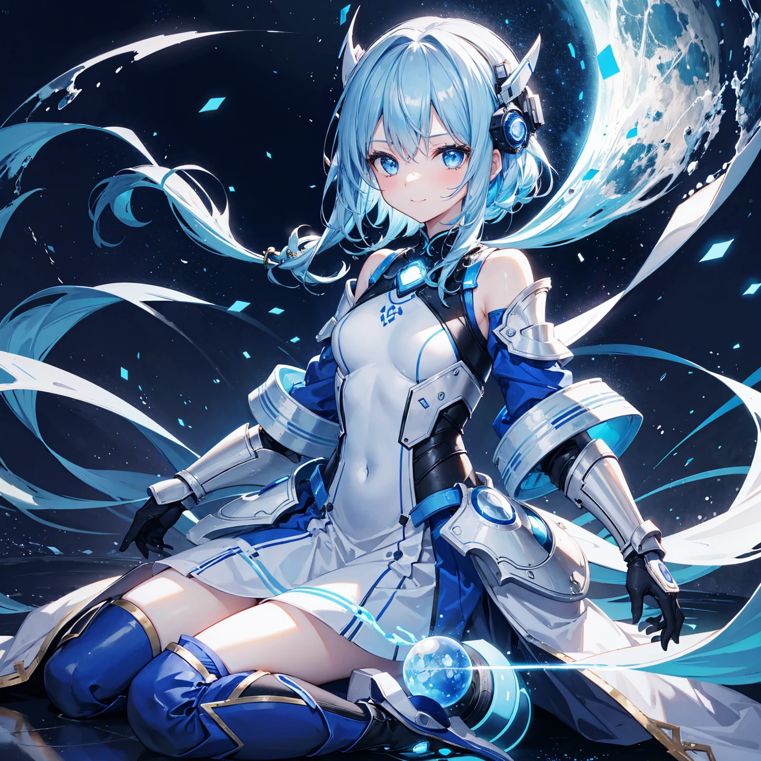 8k, highest quality, (real:1.4), Original photo, 1 girl, Asari Hair, Biological Amplifier, refined armor, posture: Peace talks between warring factions,,Attention Clever Blue Eyes,A modest smile、Knee-high boots、Blue big moon and blue light swirl in the background、Blue light from behind、blue light magic,A small, glowing blue ball in the palm of your hand