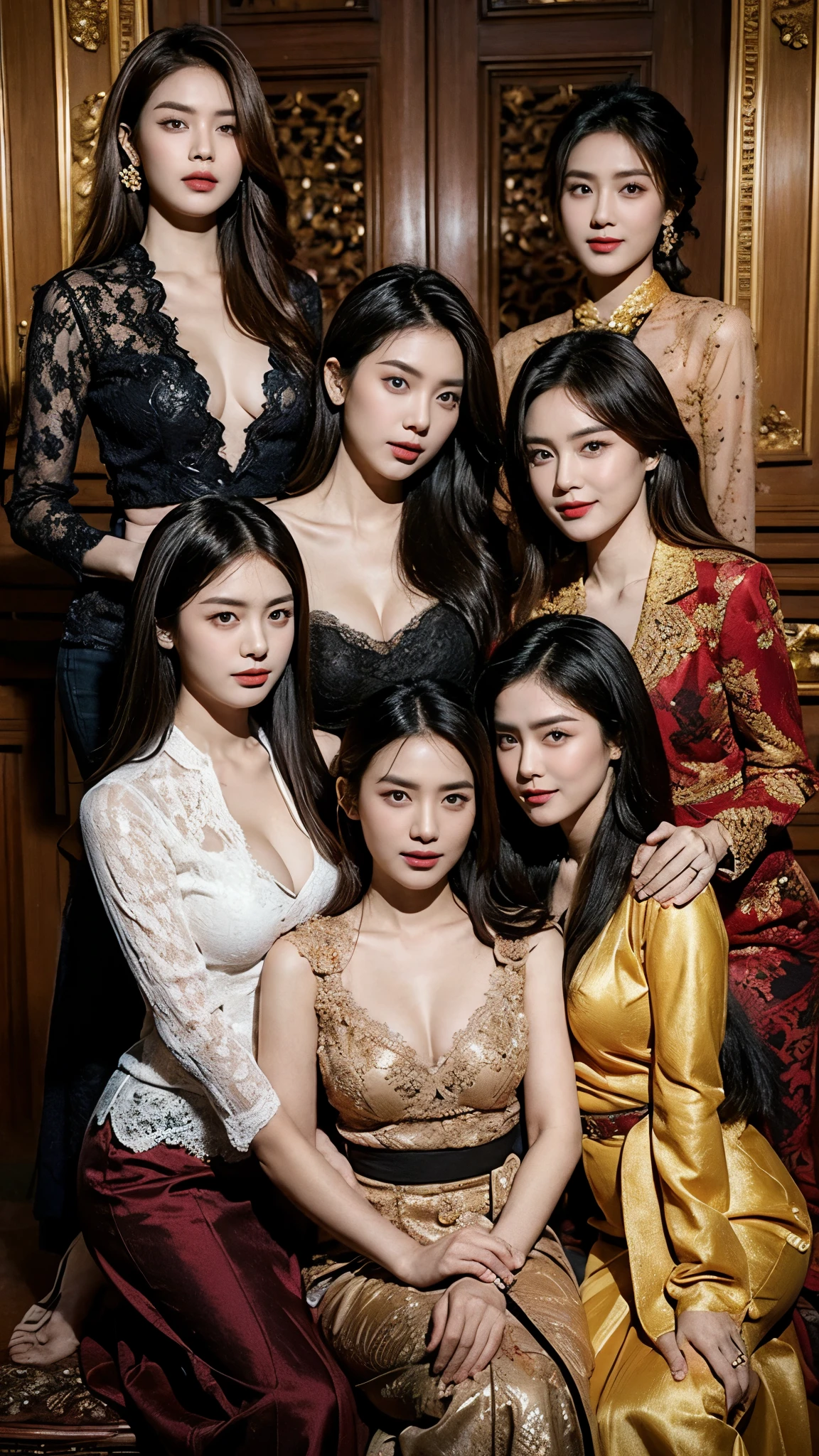 1 Family, Potrait of 3 wife Indonesian-chinese uighur girl,1 Indonesian boy (24 years old(husband)), Harem (Polygamy), long fashion hair, fit body, small cleavage, skintight black lace kebaya, batik skirt, masterpiece, highly detailed, ultra hd, 8k, detailed face, detailed eyes, perfect eyes, detailed skin texture, detailed lips, sexy lips, perfect hands, dynamic angle, cowboy shot, rich family