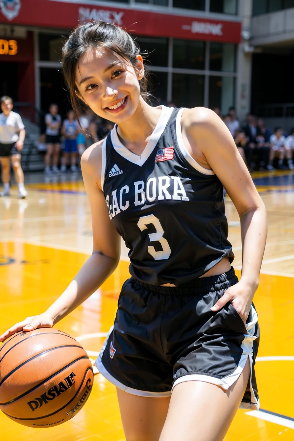 ((best quality)), ((masterpiece)), (detailed), 1 woman, Basketball Uniform, Playground,shorts,smiling face,black short hair